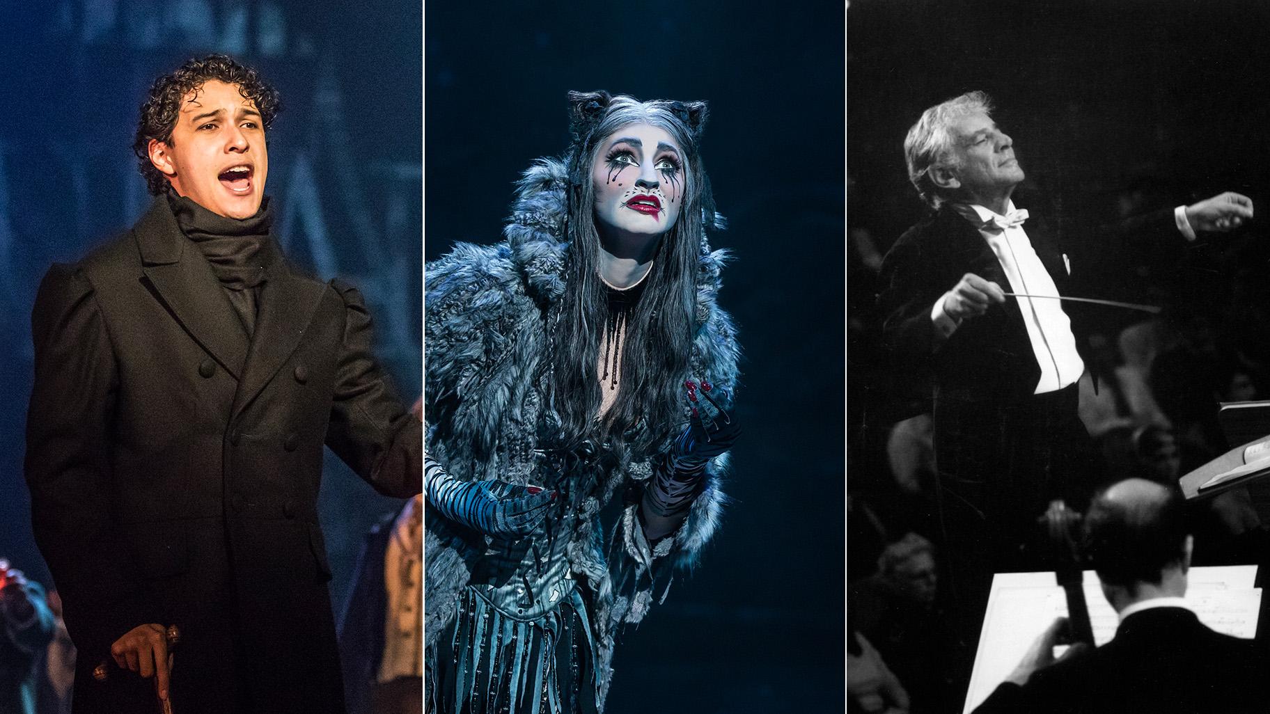 From left: Joshua Grosso in “Les Miserables”; Keri René Fuller in “Cats”; and Leonard Bernstein. (Photos by Matthew Murphy / Courtesy of Ravinia Festival)