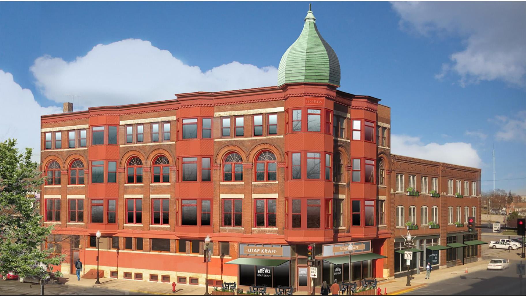 The Hobbs Building in Aurora, pictured in a rendering after development, had long sat vacant on a parcel of land one block away from the Fox River before the city reached a deal with developers. (City of Aurora)