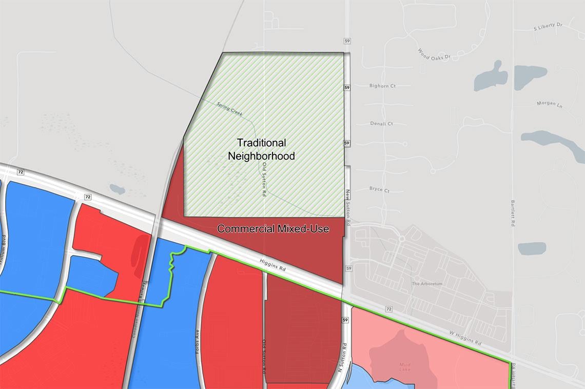 Hoffman Estates’ Interactive Zoning District Map shows the parcels of land that were proposed for rezoning to manufacturing. The plots are currently zoned as Traditional Neighborhood and Commercial Mixed-Use districts.