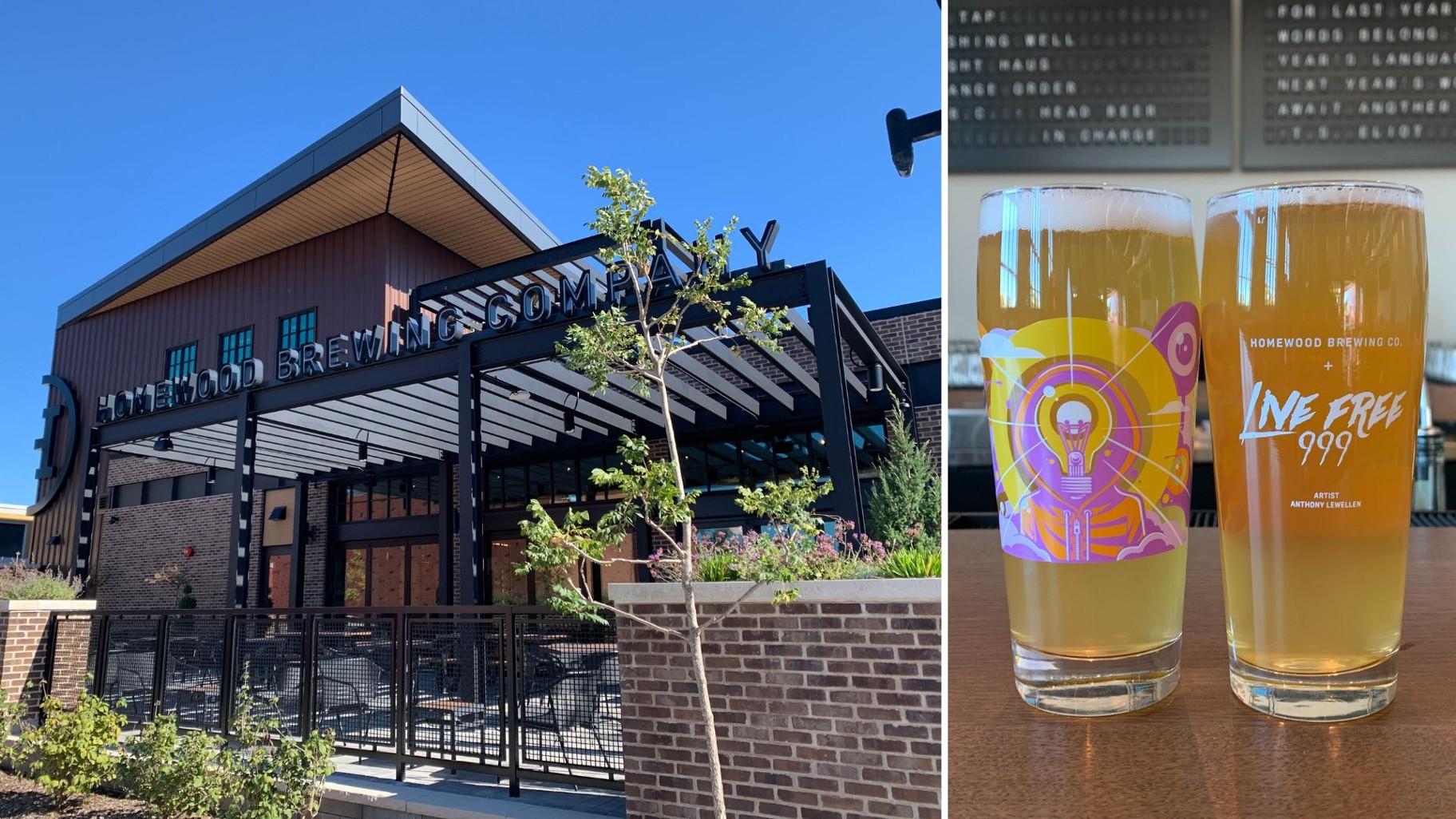 Exterior of Homewood Brewing Company, 18225 Dixie Highway, and the brewpub’s benefit beer “Wishing Well,” which 10% of its net proceeds support the foundation Live Free 999. (Eunice Alpasan / WTTW News)