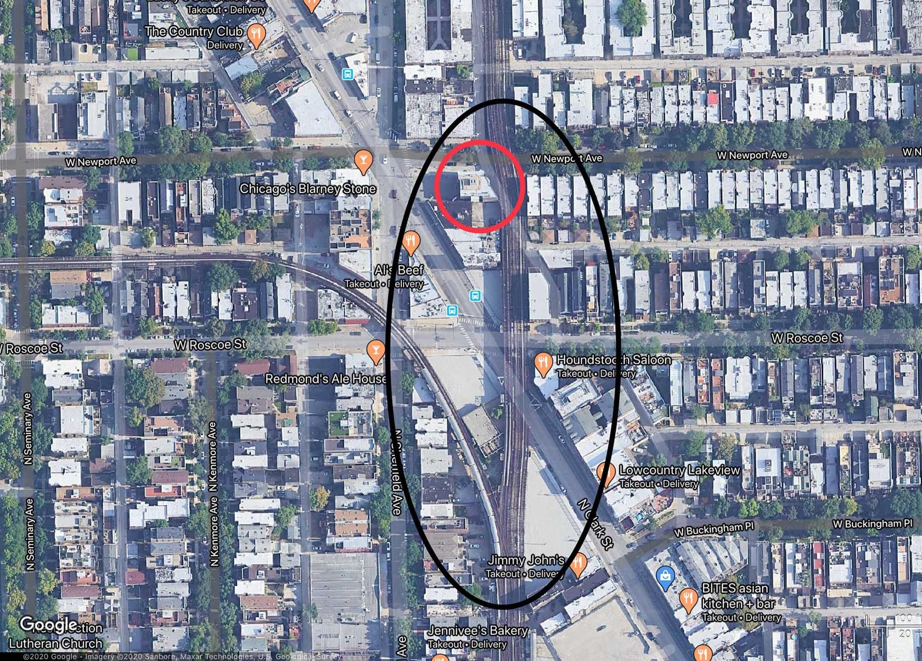 An overview shows the section of CTA track that will be straightened out, circled in black, with the location of the Vautravers Building, circled in red. (Credit: Google Maps)