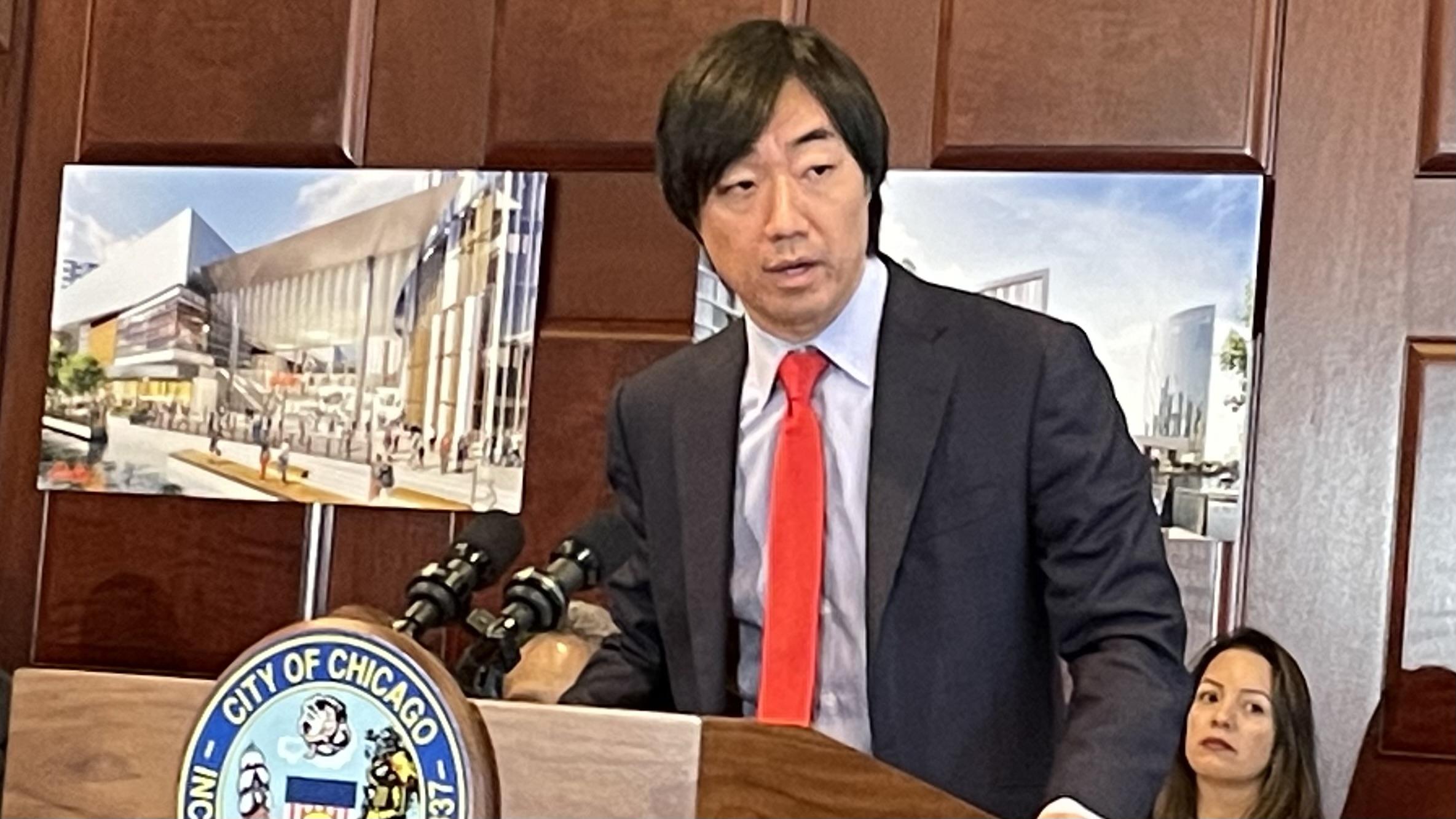 Soo Kim, the chairman of Rhode Island-based Bally’s, addresses the crowd at the Mid-America Carpenters Regional Council, where Mayor Lori Lightfoot announced her pick for the Chicago casino. (Heather Cherone/WTTW News)