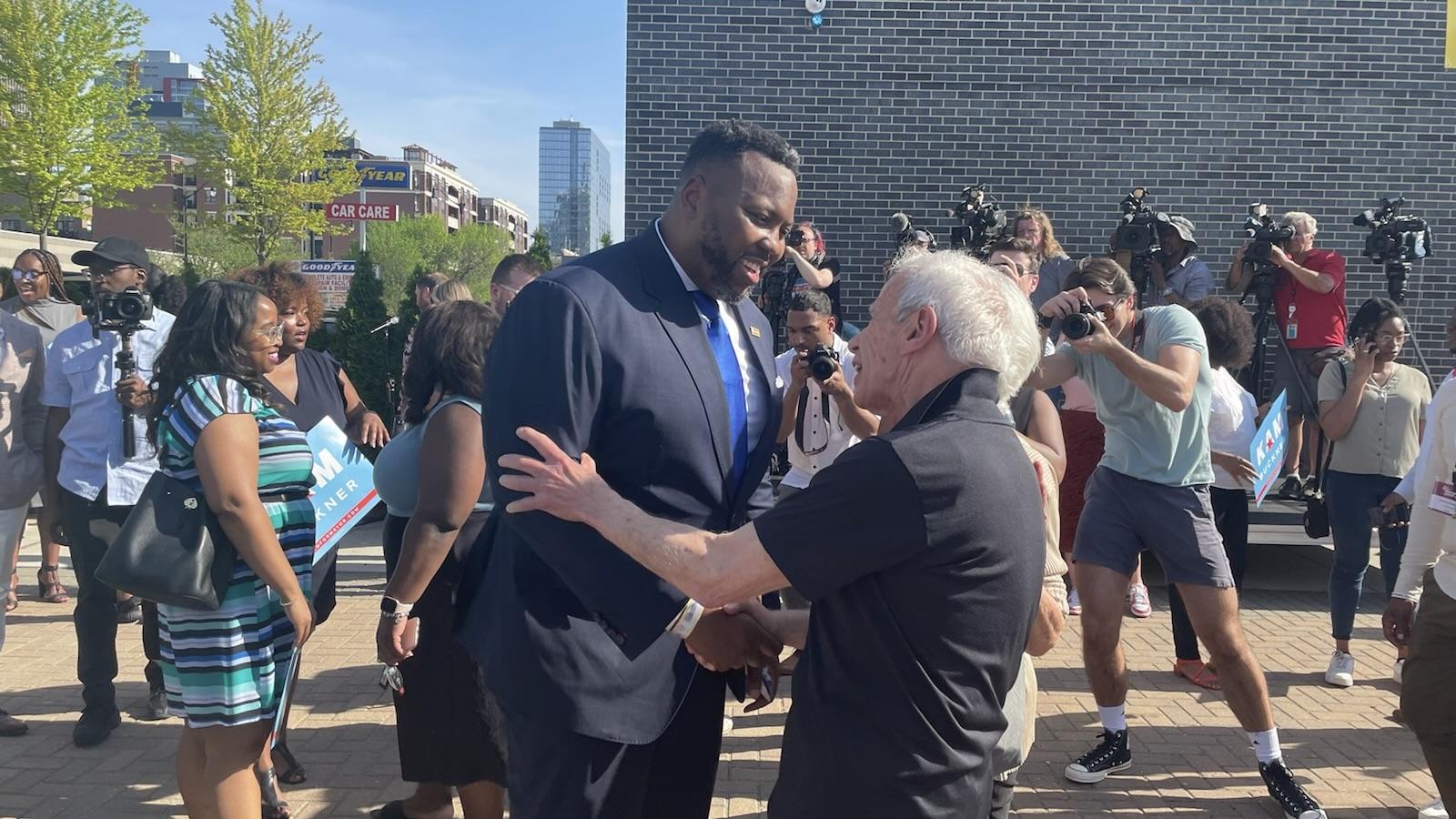 State Rep. Kam Buckner, D-Chicago, greets a supporter after he announced his campaign for mayor of Chicago. (Heather Cherone/WTTW News)