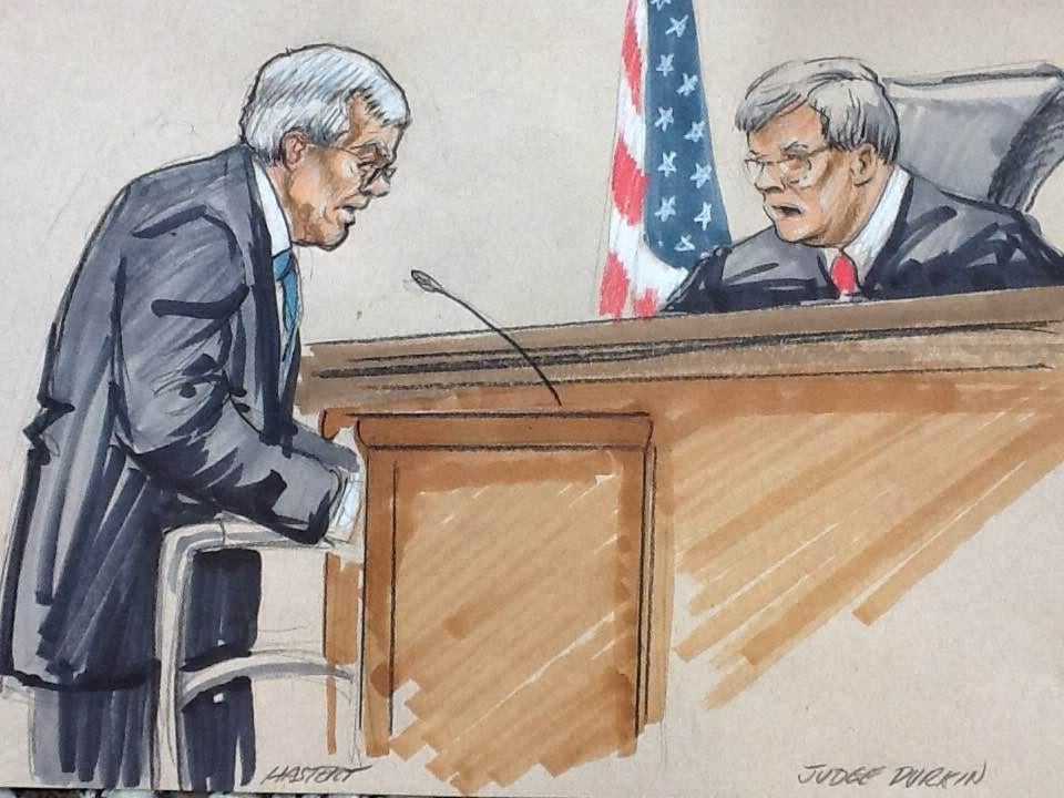 Courtroom sketch by Thomas Gianni shows Dennis Hastert standing with the aid of a walker while U.S. District Judge Thomas Durkin asks him questions about molestation.