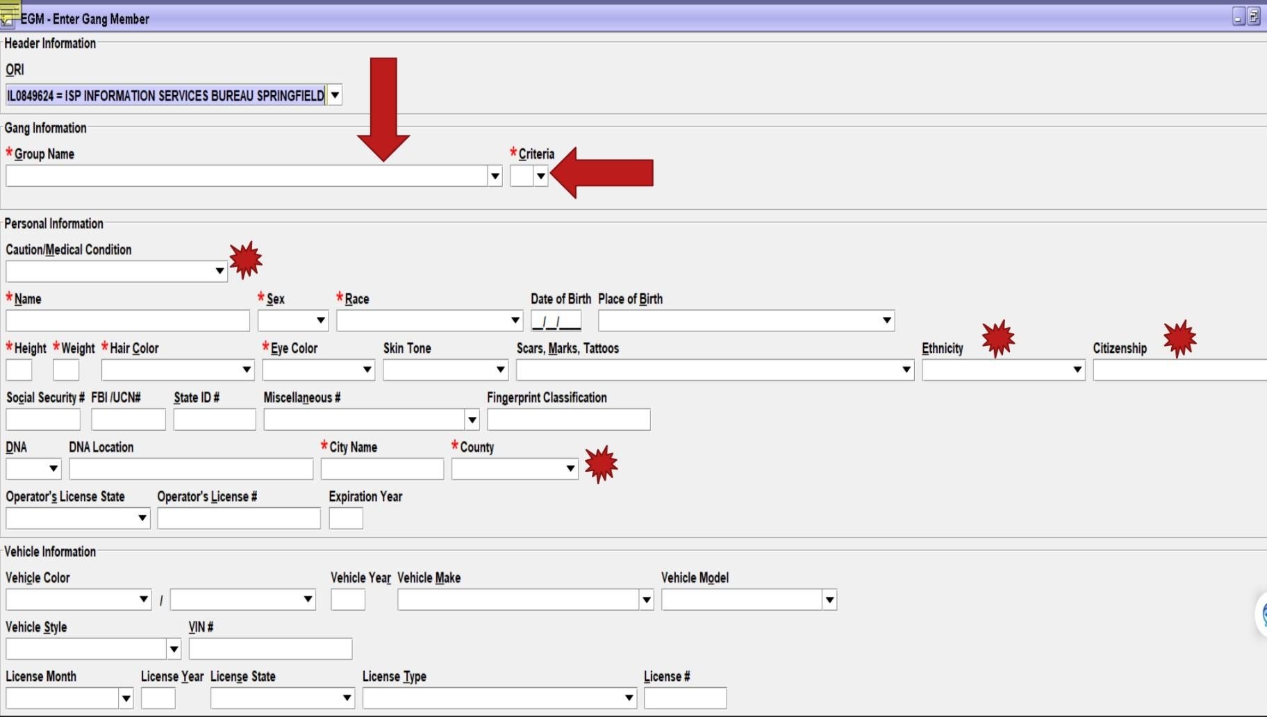 An example of an Illinois State Police gang file entry form is show within a presentation document from the agency. (Illinois State Police) 