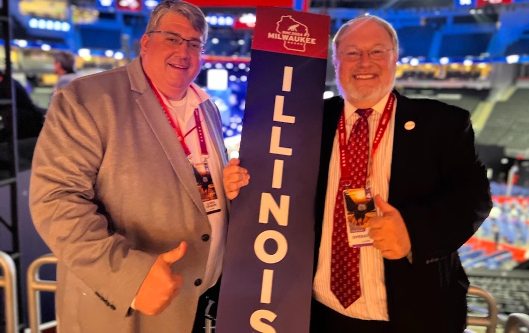 Illinois delegates Kent Gray and Travis Akin shortly before leaving Fiserv Forum at the end of the Republican National Convention on July 18, 2024. (Amanda Vinicky / WTTW News)