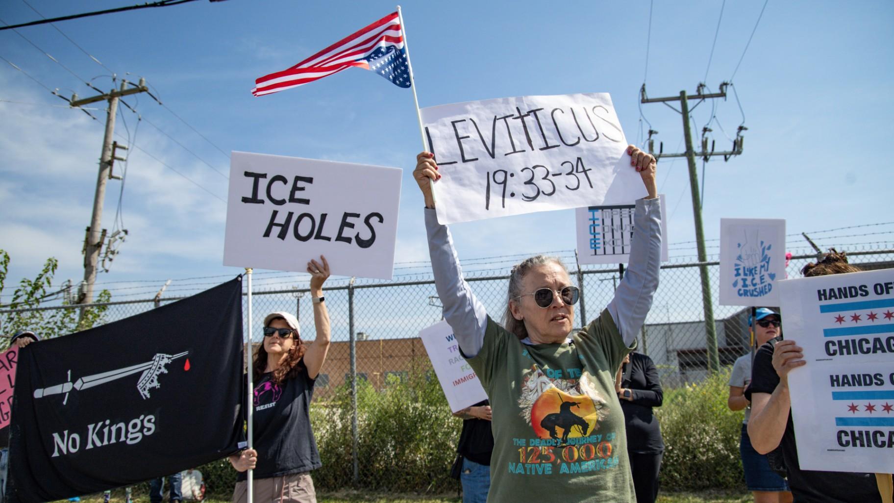 Sherry, middle, protests at the Immigration and Customs Enforcement facility in Broadview on Friday, Sept. 12, 2025. (Dominic Di Palermo/Chicago Tribune via AP)