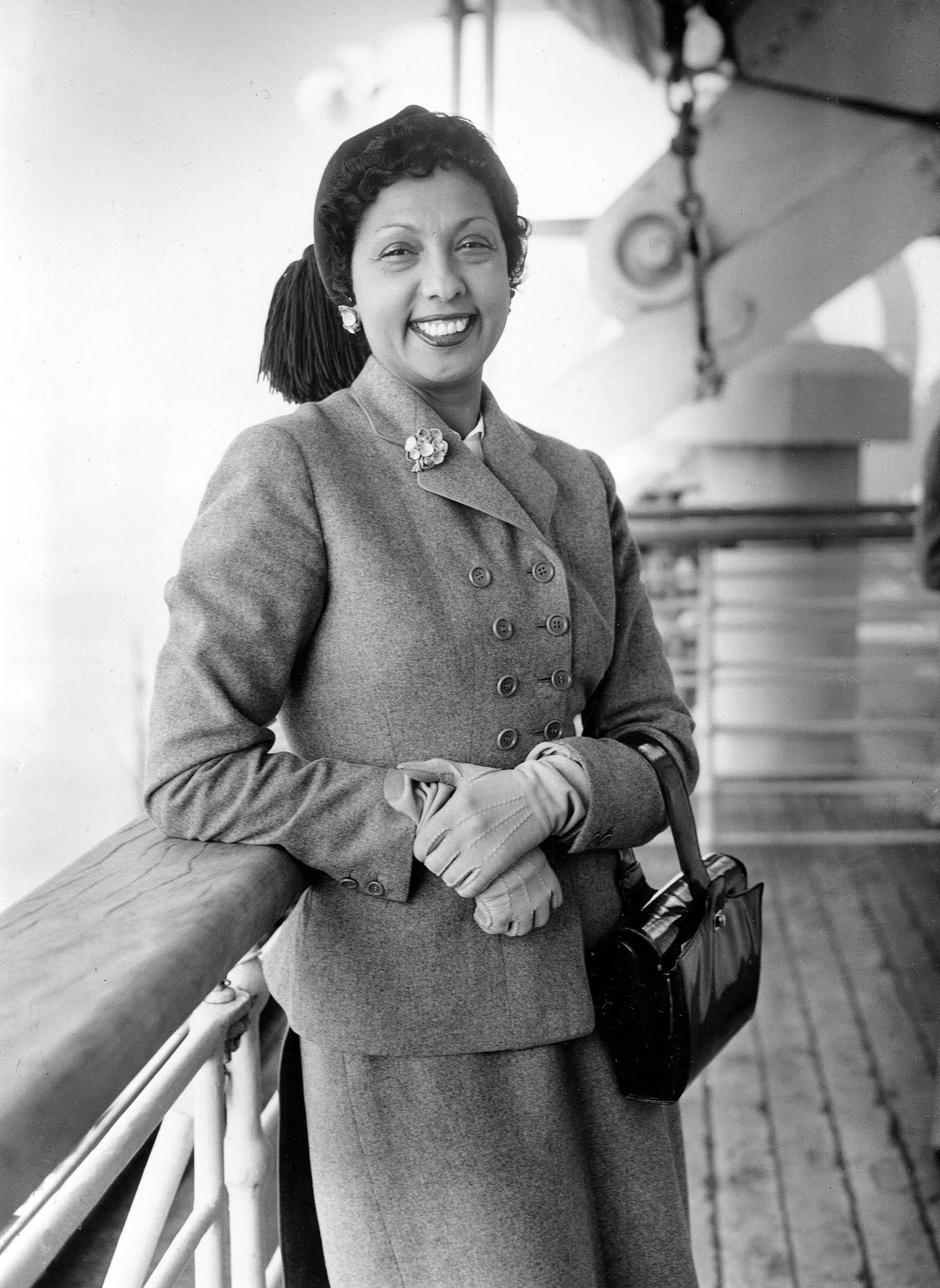 Entertainer Josephine Baker is seen aboard the French liner Liberte upon her arrival in New York City harbor, on October 3, 1950. (AP Photo, File)