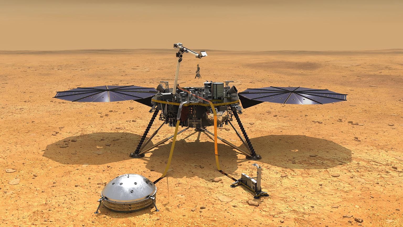 This artist’s concept depicts NASA’s InSight lander after it has deployed its instruments on the Martian surface. (Credit: NASA/JPL-Caltech)