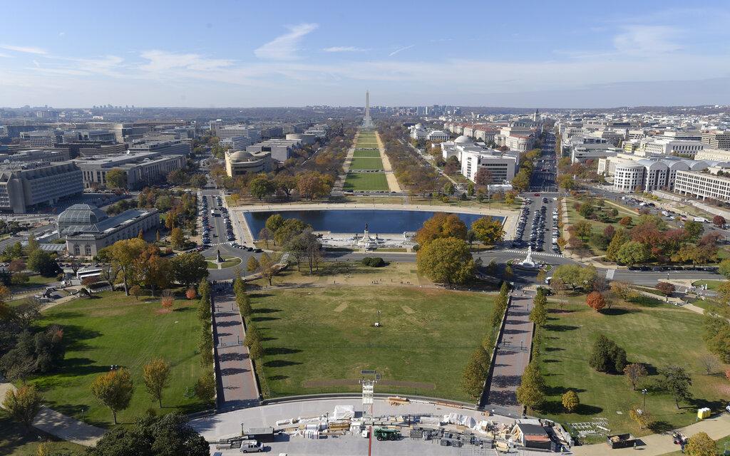 In this Nov. 15, 2016, file photo, inaugural preparations continue on the West Front of Capitol Hill in Washington, looking at the National Mall and Washington Monument. (AP Photo / Susan Walsh, File)