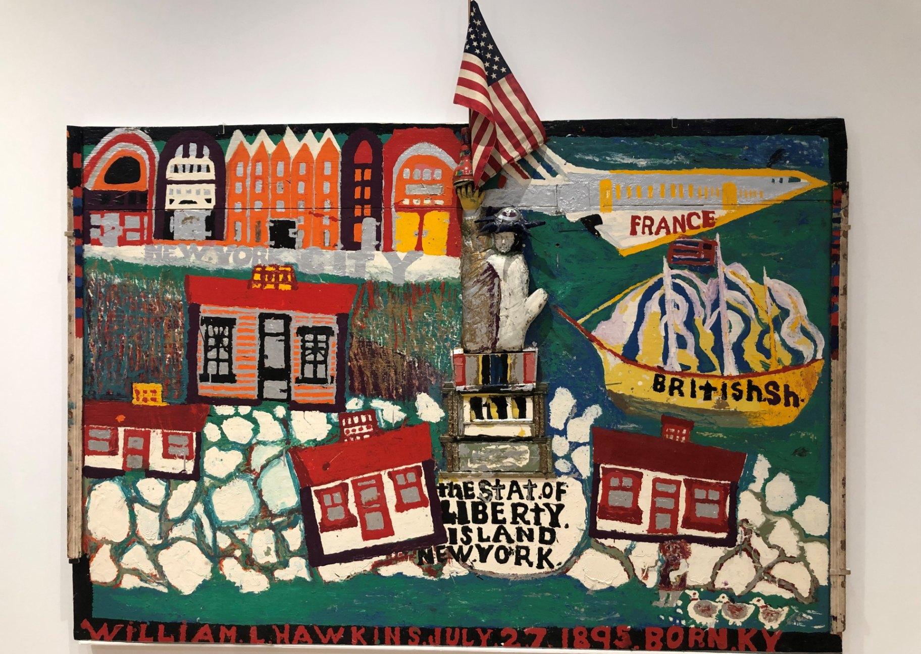 A work by William L. Hawkins hangs at the Intuit Art Museum. (Marc Vitali / WTTW News)