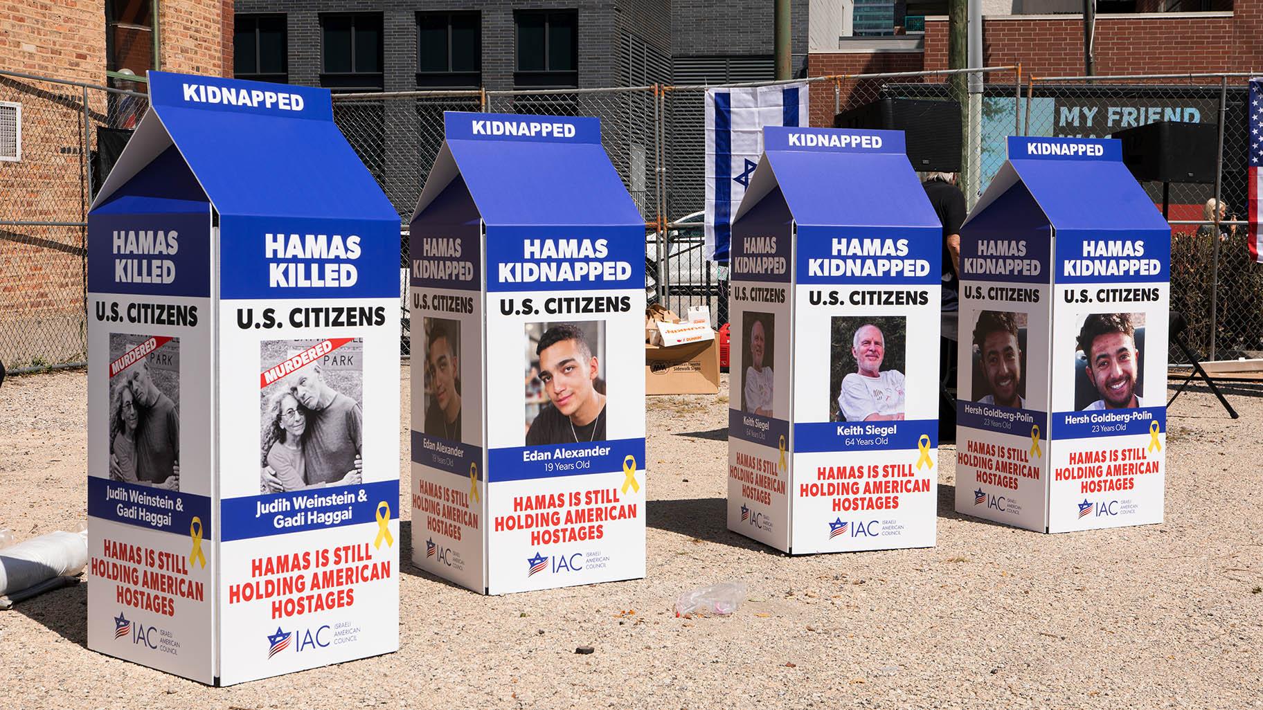 An art installation outside the DNC calls attention to Israeli hostages taken by Hamas. (Michael Izquierdo / WTTW News)