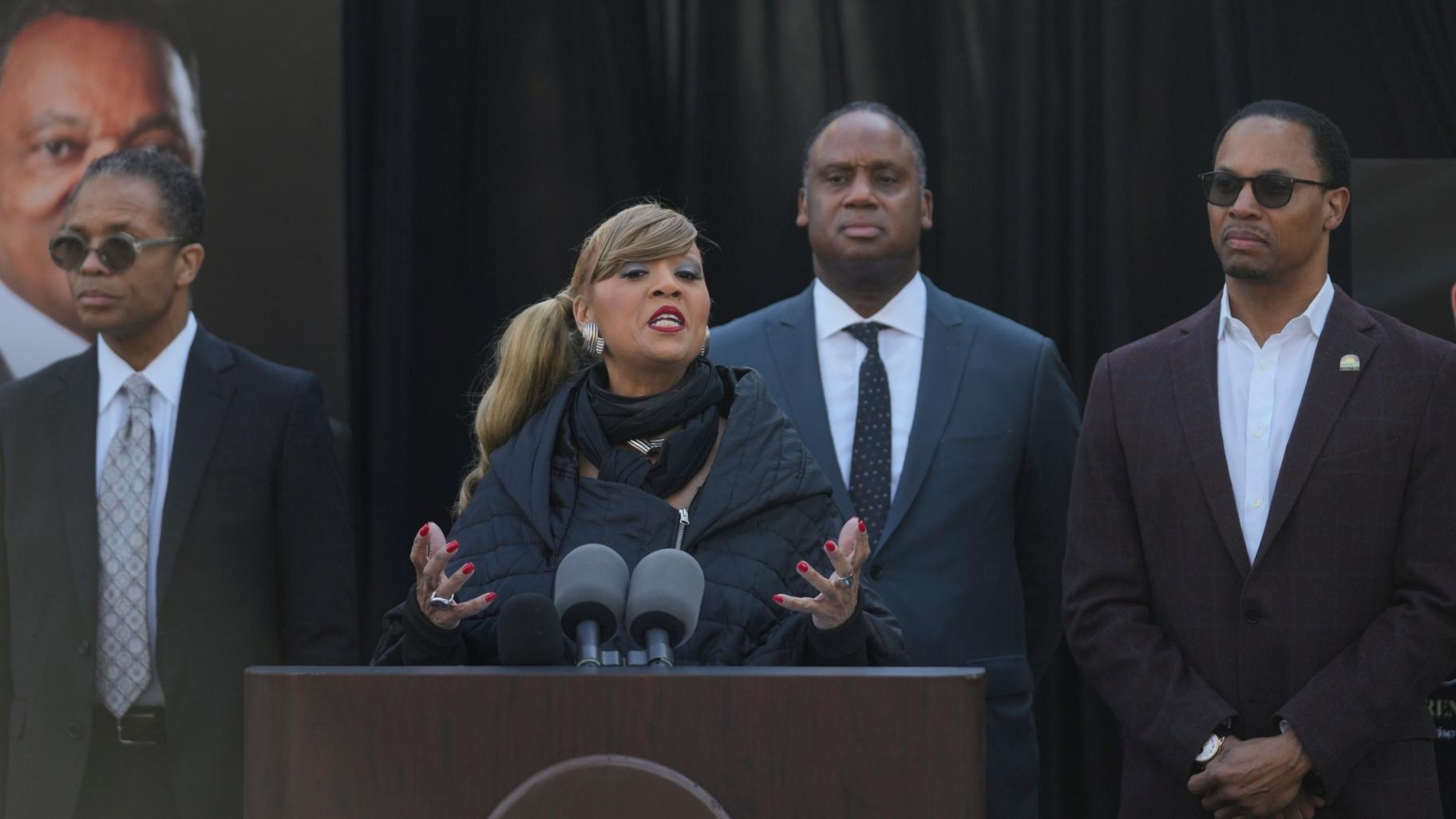 Santita Jackson speaks during a news conference regarding the death of her father, the Rev. Jesse Jackson, outside the family home Wednesday, Feb. 18, 2026, in Chicago. (AP Photo / Erin Hooley)