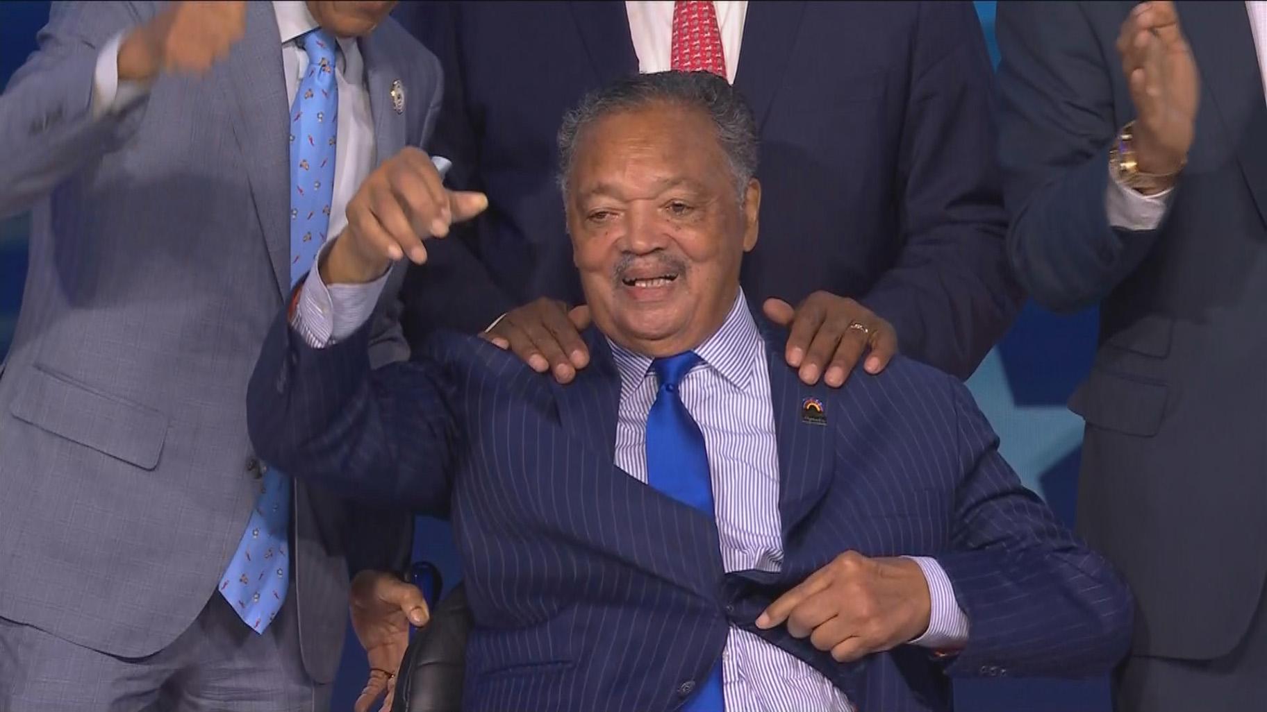 The Rev. Jesse Jackson Sr. is honored at the Democratic National Convention at the United Center on Aug. 19, 2024. (WTTW News)