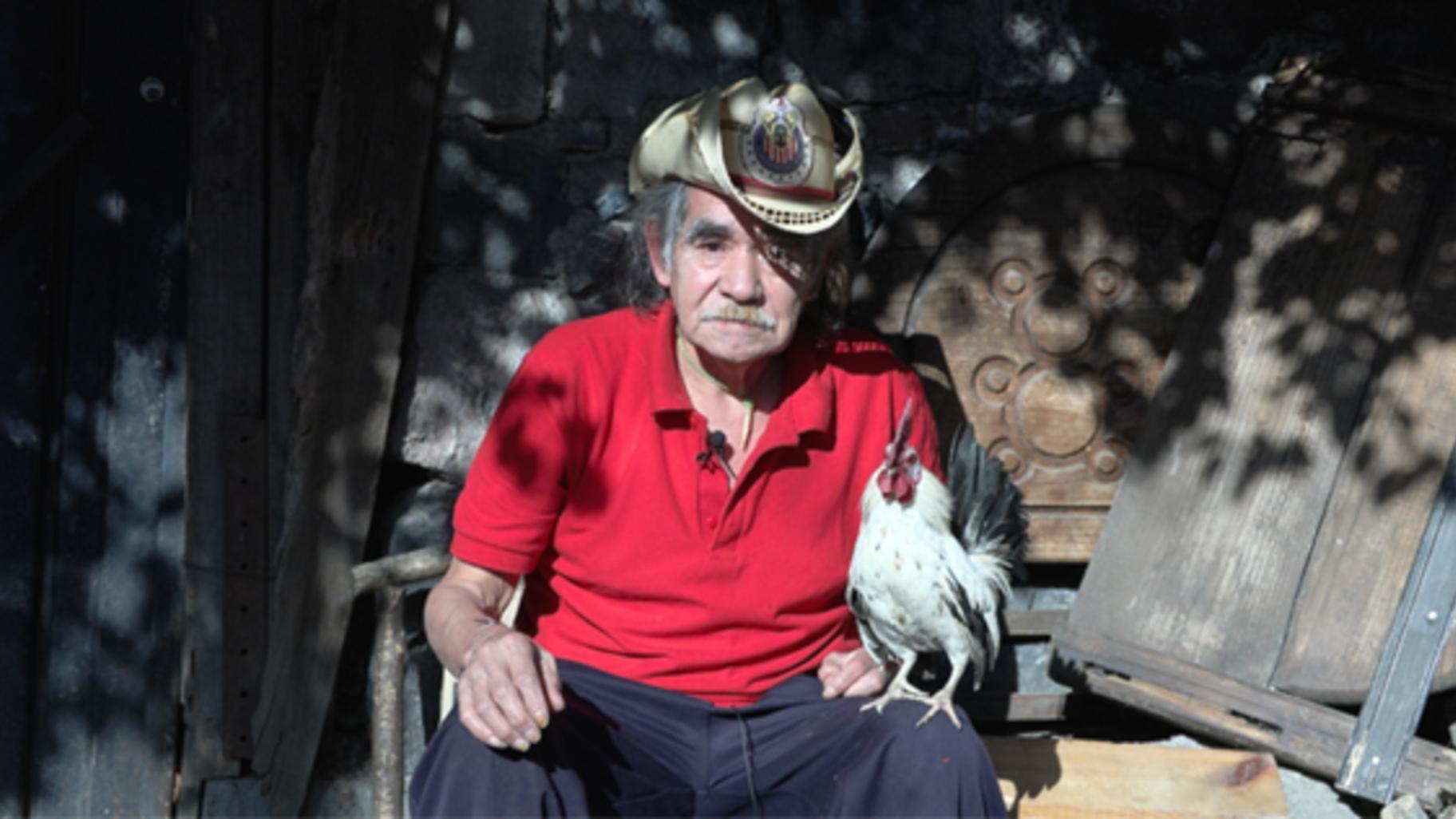 Jose Arteaga, holding his rooster at his side, reflects on how his everyday life has changed since construction began. (Medill School of Journalism)