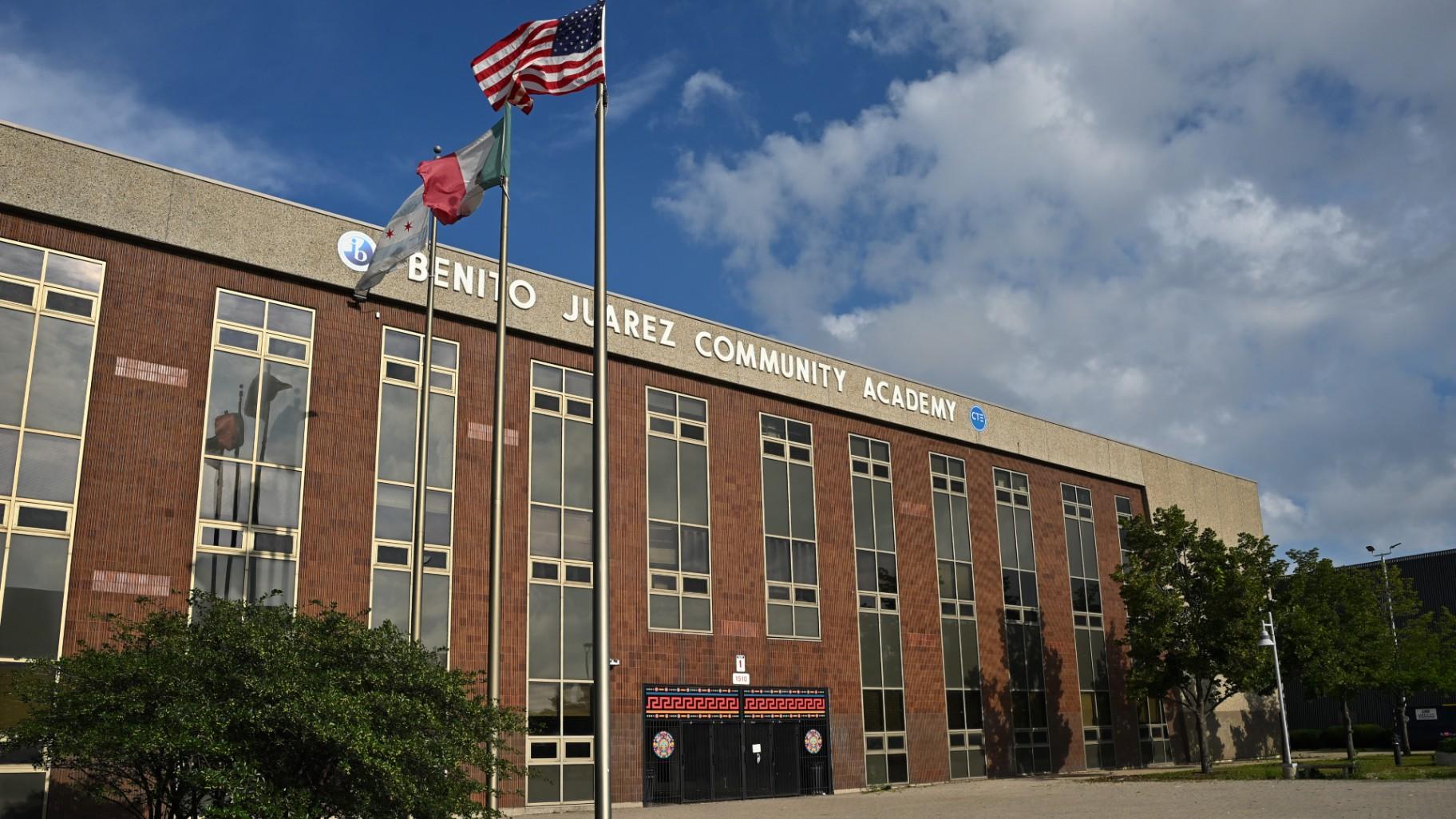 Benito Juarez Community Academy in Pilsen is pictured on July 12, 2026. The school disciplined 12 employees in 2025, records show. (Victor Hilitski / WTTW News) 