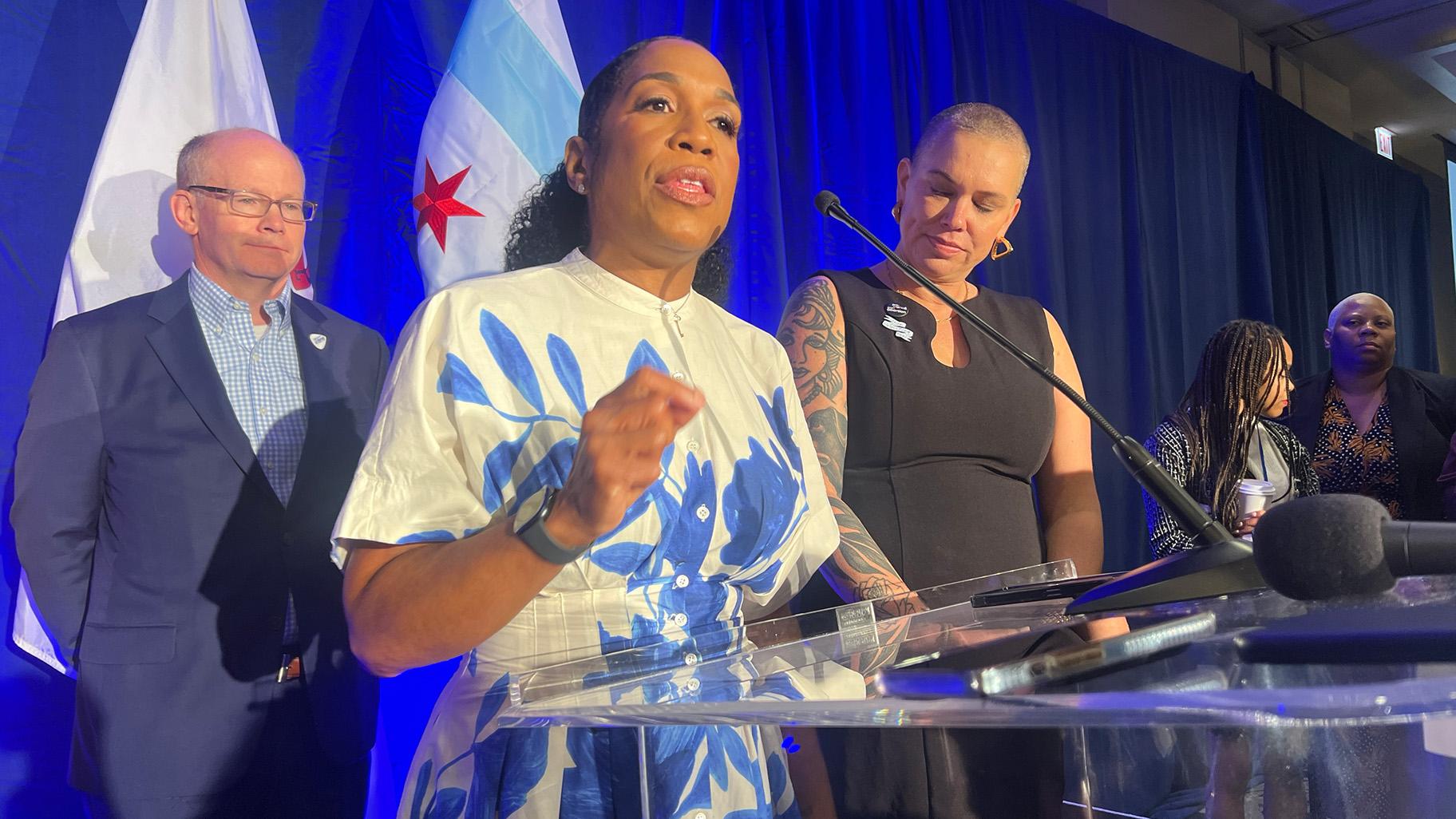 Illinois Lt. Gov. Juliana Stratton speaks to the Illinois delegation to the DNC on Aug. 20, 2024. (Amanda Vinicky / WTTW News)