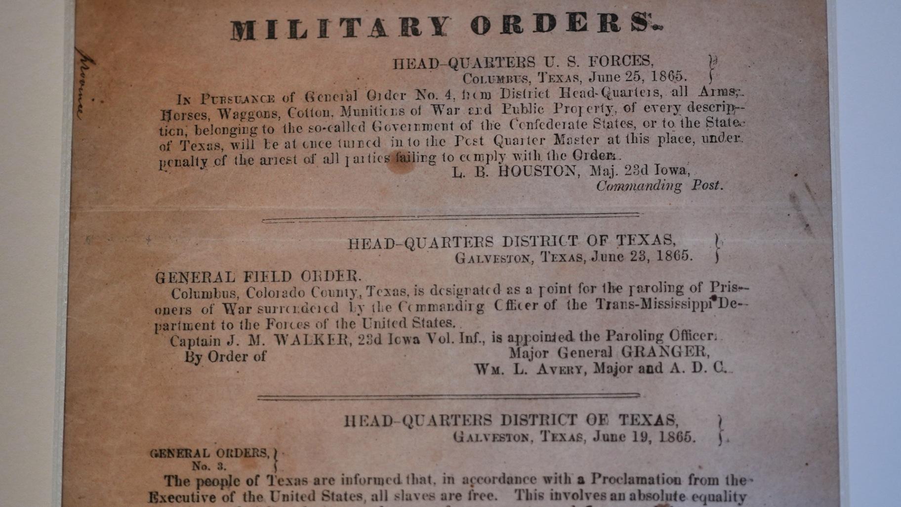 A view of a section of the 1865 Juneteenth General Order No. 3 that is displayed by the Dallas Historical Society at the Fair Park Hall of State in Dallas, Friday, June 6, 2025. (AP Photo / LM Otero)
