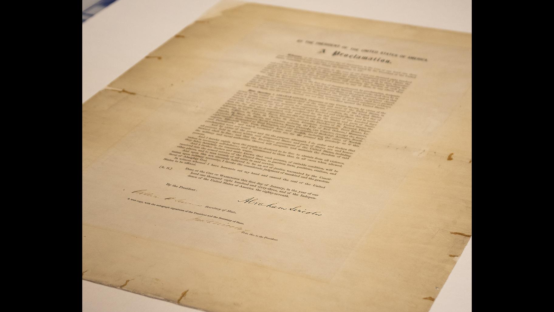 This updated handout photo provided by the Abraham Lincoln Presidential Library and Museum on Tuesday, June 8, 2021, shows a signed copy of Emancipation Proclamation. (Abraham Lincoln Presidential Library and Museum photo via AP, File)