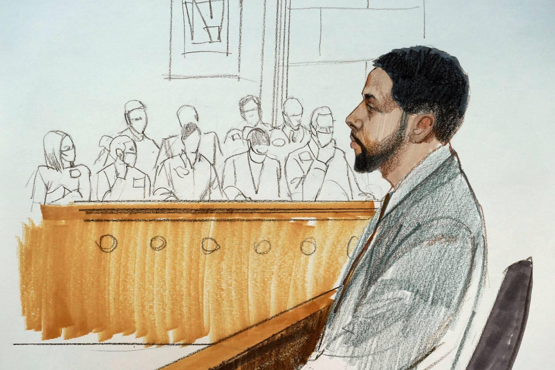 In this courtroom sketch, actor Jussie Smollett takes the stand in his own defense Monday, Dec. 6, 2021, at the Leighton Criminal Courthouse on day five of his trial in Chicago. (AP Photo / Cheryl Cook)
