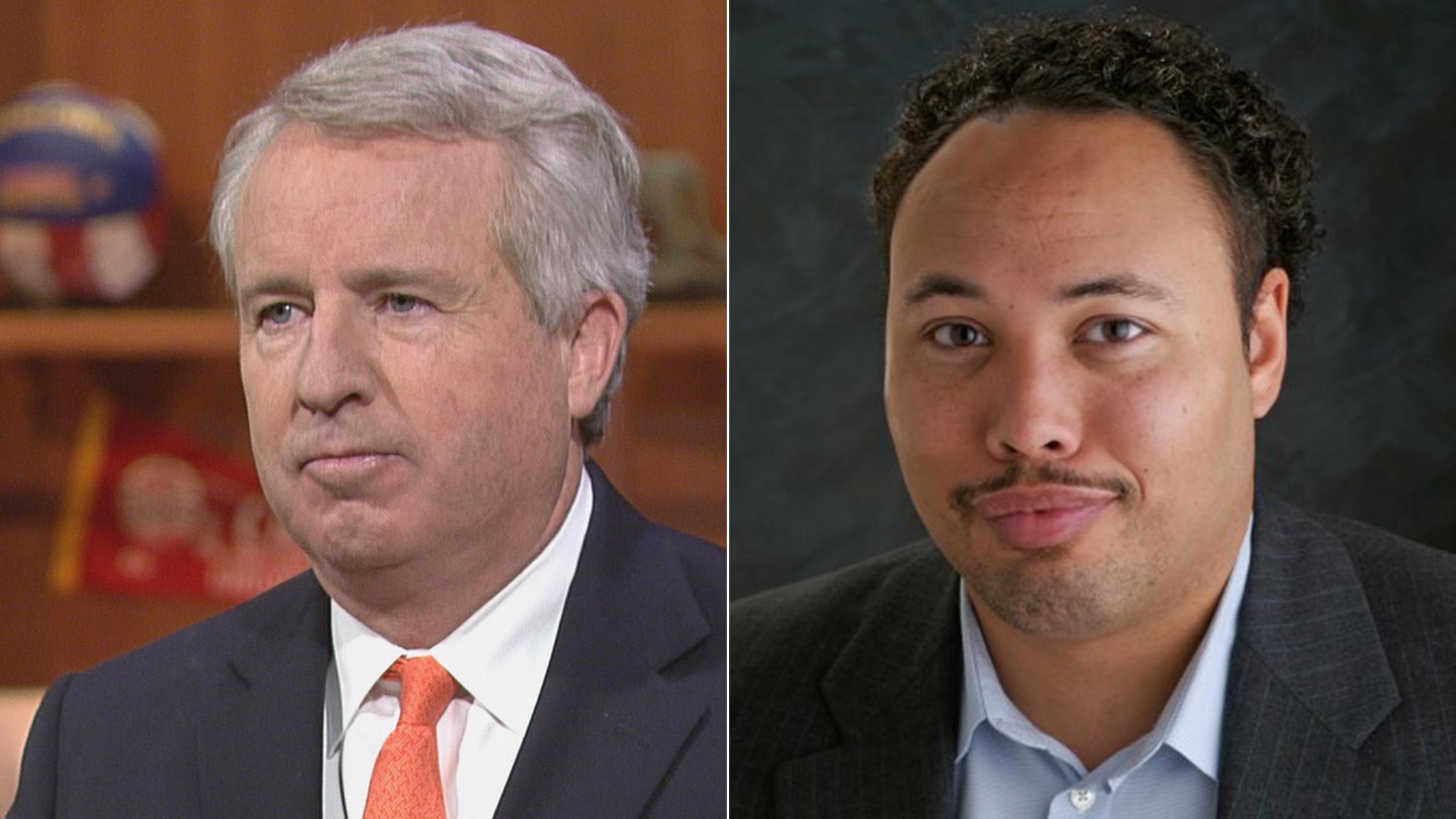 Chris Kennedy, left, appears on “Chicago Tonight” on June 22. Ra Joy is his running mate, Kennedy announced Thursday. (Ra Joy / Facebook)