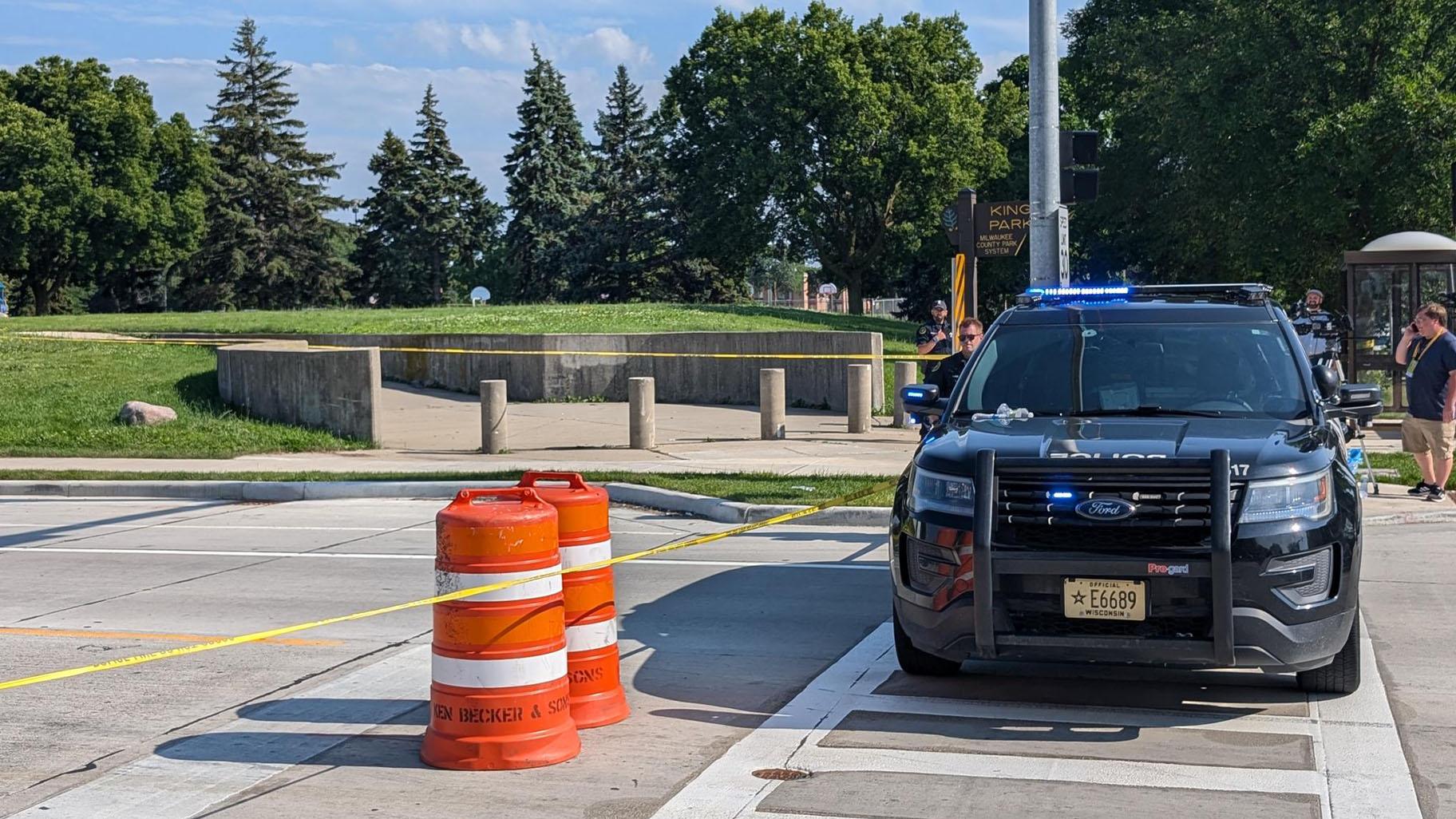 Police officers block access to Vilet Street at King Park in Milwaukee near the scene of a police shooting July 16, 2024. (Matt Masterson / WTTW News)