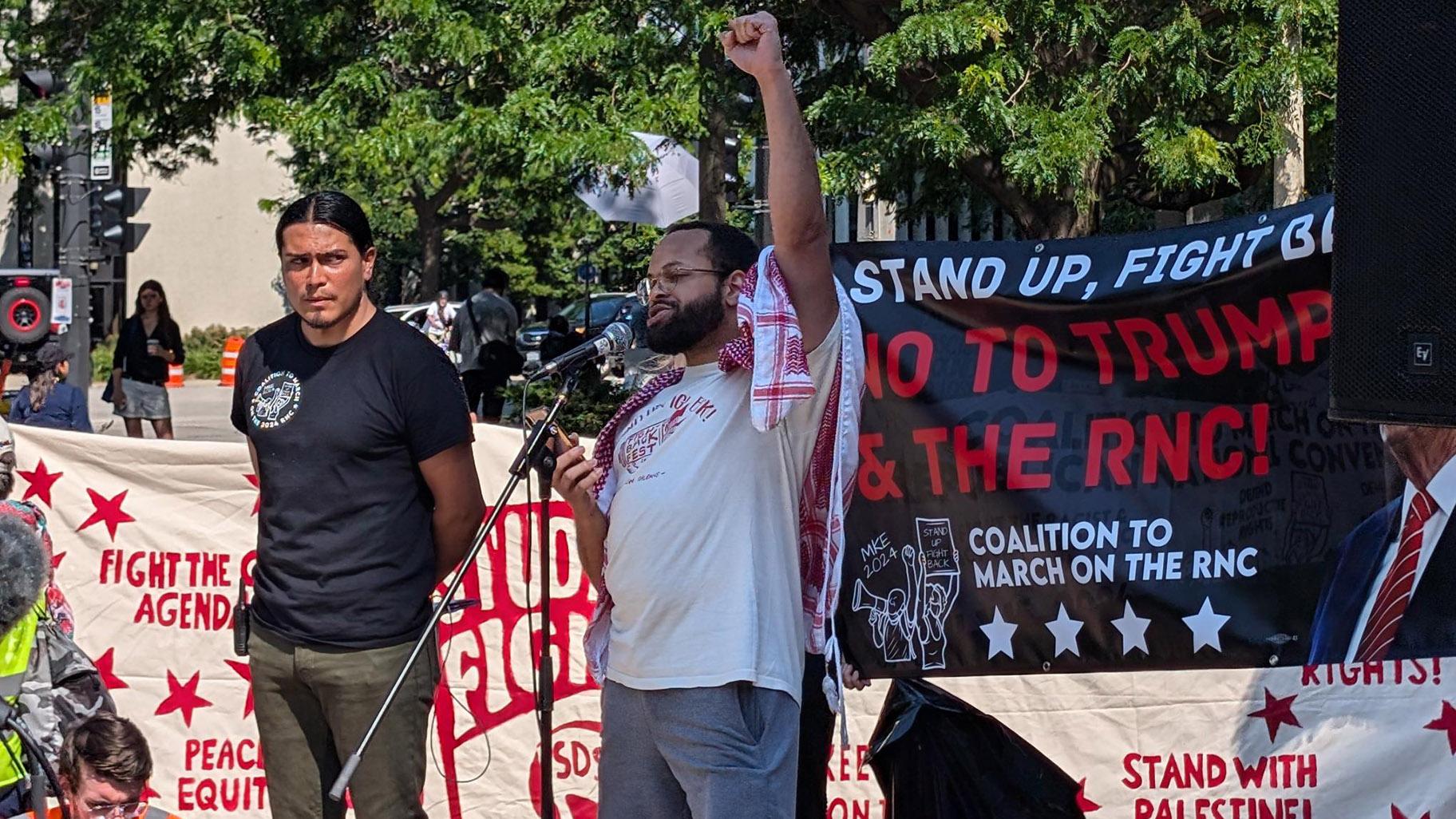 Kobi Guillory, a teacher and activist from Chicago, speaks during a protest in Milwaukee’s Red Arrow Park on June 15, 2024. (Matt Masterson / WTTW News)