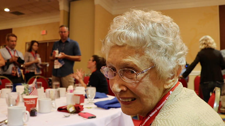 Eighty-year-old Illinois delegate Stella Kozanecki. (Evan Garcia / Chicago Tonight)