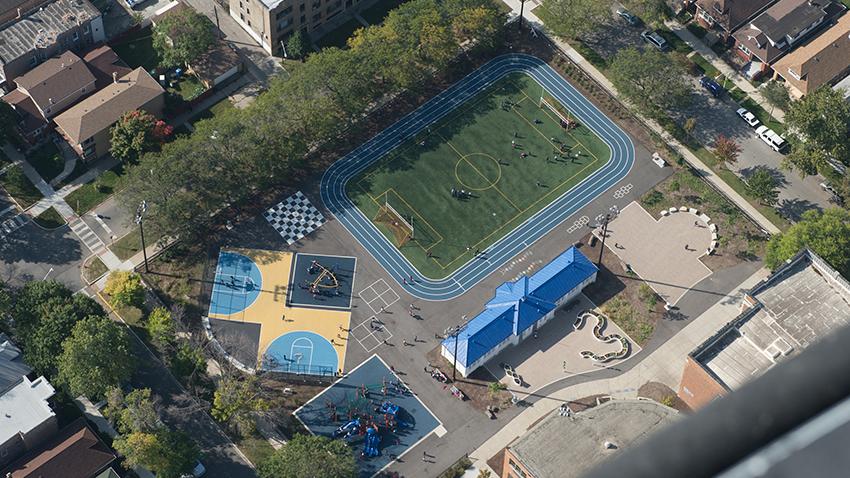 A bird’s-eye view of the new soccer field, running track and basketball court at Donald Morrill Math & Science Elementary School. (Courtesy of Southwest Organizing Project, Chicago). 
