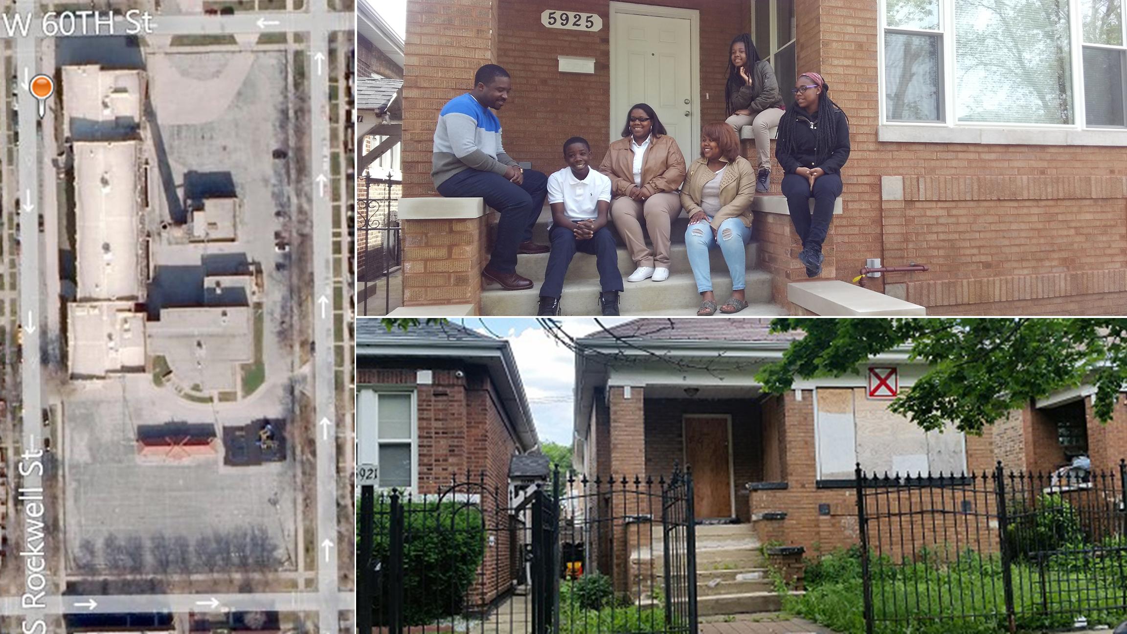 Left: Asphalt once surrounded the Donald Morrill Math & Science Elementary School. Top, bottom right: The number of boarded-up buildings has decreased since Reclaim Southwest Chicago was launched. (Courtesy of Southwest Organizing Project, Chicago).