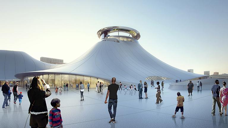A rendering of the public plaza of the Lucas Museum of Narrative Art. (Courtesy Lucas Museum)