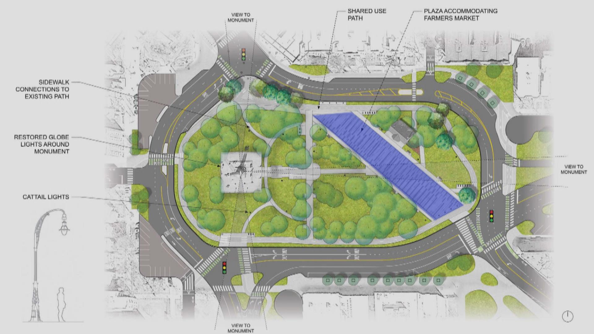 A rendering shows the planned redesign of the Logan Square traffic circle. The highlighted pedestrian plaza, currently Kedzie Avenue, is where organizers expect the farmers market to take place starting in 2023. (Courtesy Chicago Department of Transportation)