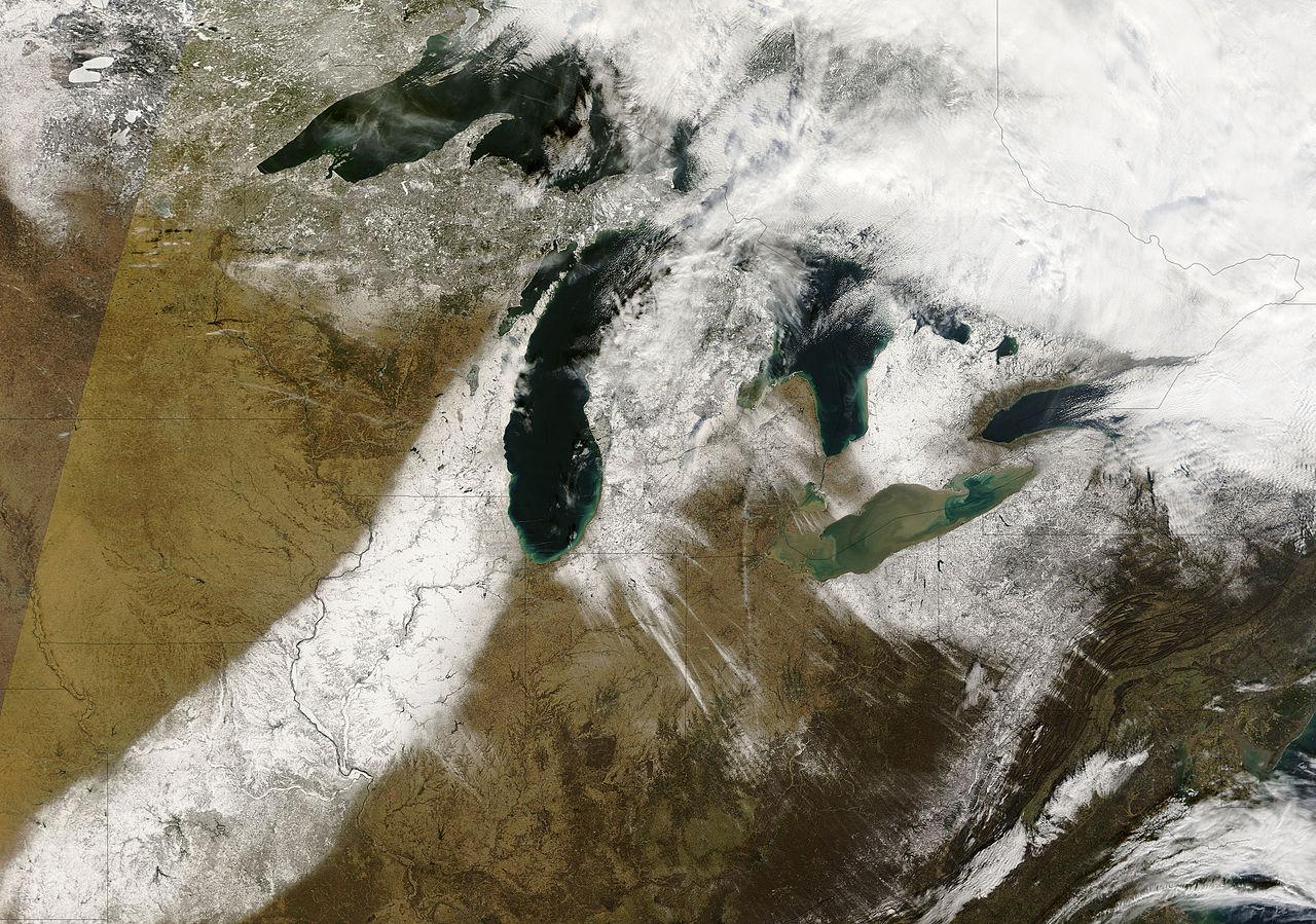 Streaks of snow stretching across the Great Lakes captured by a NASA satellite on Dec. 9, 2006. (NASA)