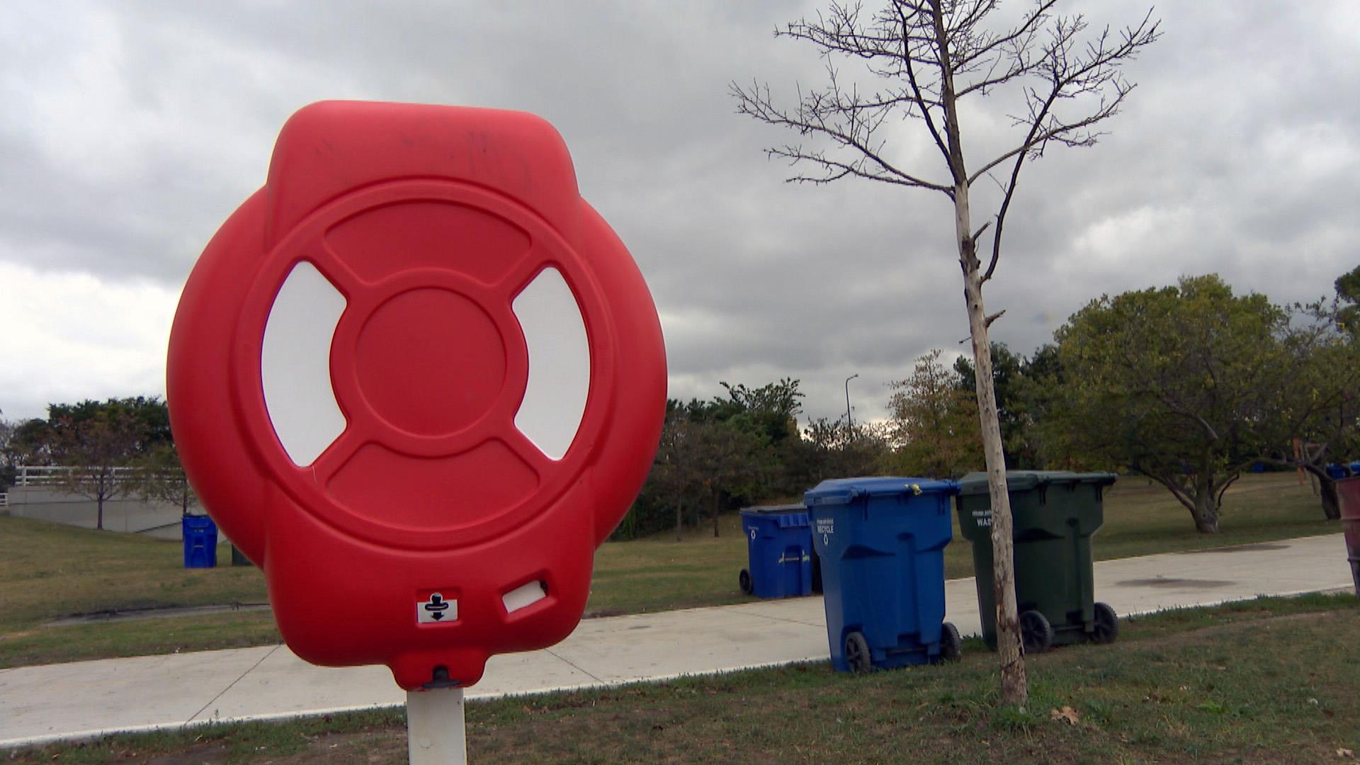 A newly installed life ring installed on a Chicago beach on Tuesday, Sept. 21, 2021. (WTTW News)