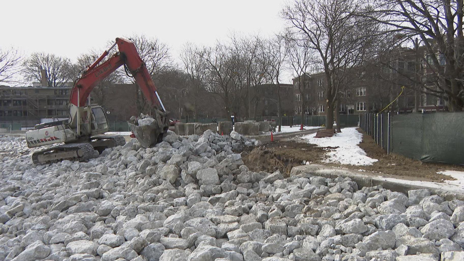 Boulders have replaced beaches in some places along the lakefront as part of the city’s efforts to mitigate shoreline damage. (WTTW News)
