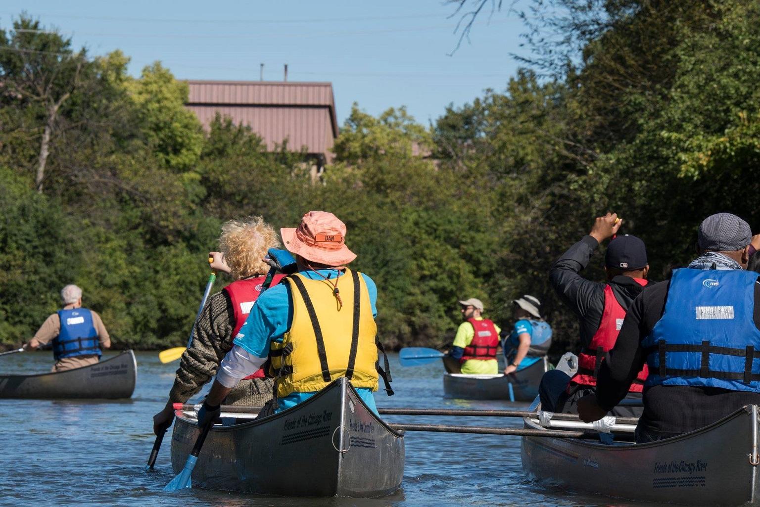 The Lathrop Riverfront Group holds a kick-off paddle along the Chicago River. (Courtesy Metropolitan Water Reclamation District of Greater Chicago)