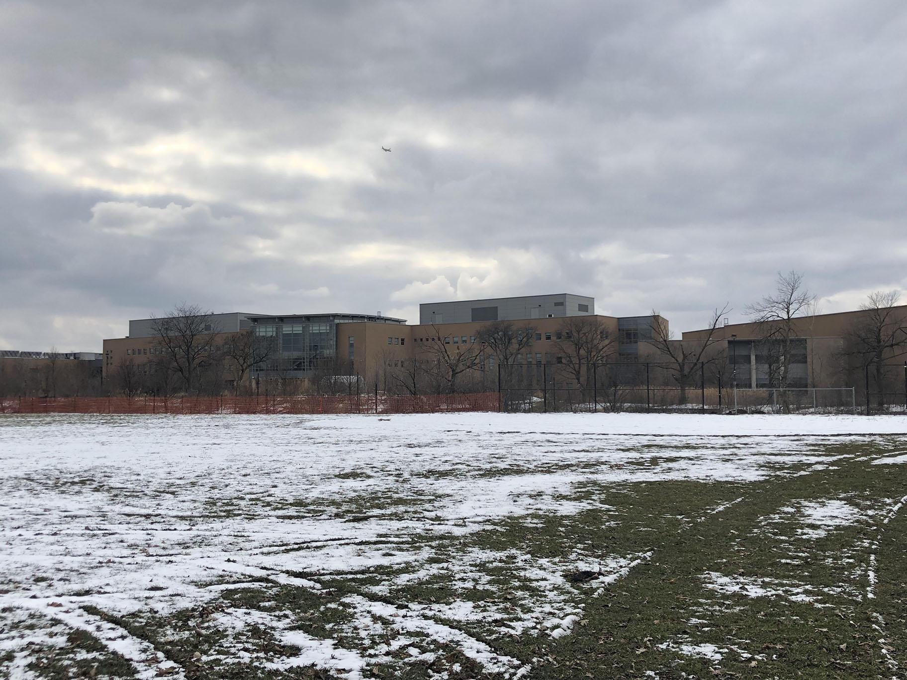 With a screen of foliage removed in Legion Park, residents now have a clear view of Northside College Prep, which some say looks like a factory. (Patty Wetli / WTTW News)