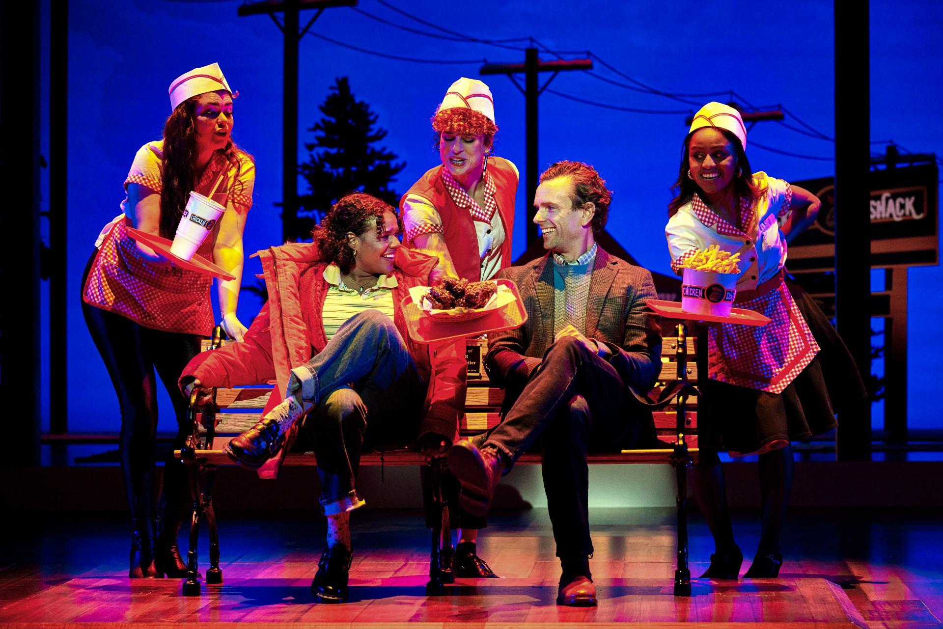 Ashley Pérez Flanagan (left to right), Samantha Williams, Chelsea Williams, Paul Alexander Nolan and Lauryn Hobbs in Britta Johnson’s “Life After.” (Photo by Jeremy Daniel)