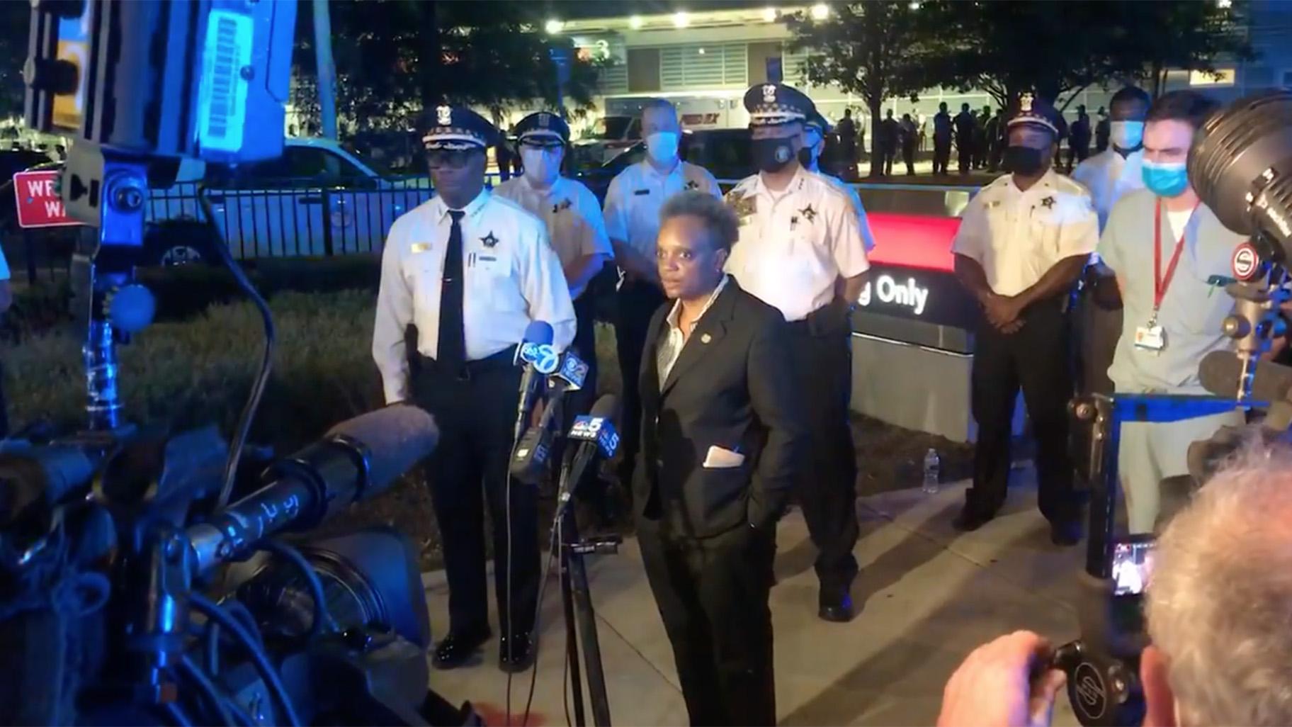 Mayor Lori Lightfoot and police Superintendent David Brown address the media outside Stroger Hospital following a police-involved shooting early Sunday on the city’s West Side. (Chicago Police Department / Facebook)