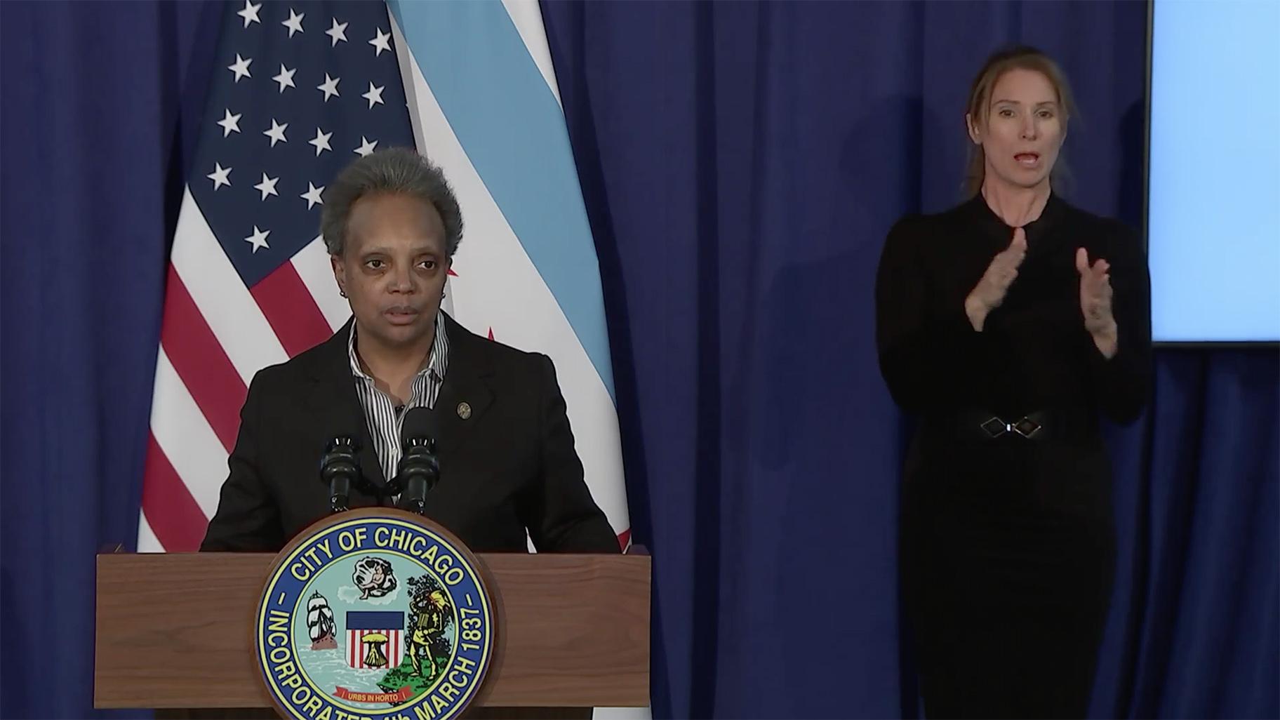 Mayor Lori Lightfoot gives an update on negotiations between Chicago Public Schools and the Chicago Teachers Union at a news conference Sunday, Jan. 31, 2021. (WTTW News via Chicago Mayor’s Office Facebook)