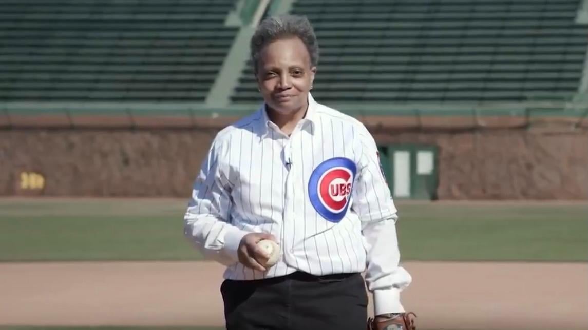 Mayor Lori Lightfoot announced the return of fans to baseball stadiums with a video posted Monday, March 8, 2021 on social media that showed her playing catch with Cubs mascot Clark and Sox mascot Southpaw. (Credit: Chicago’s Mayor’s Office)