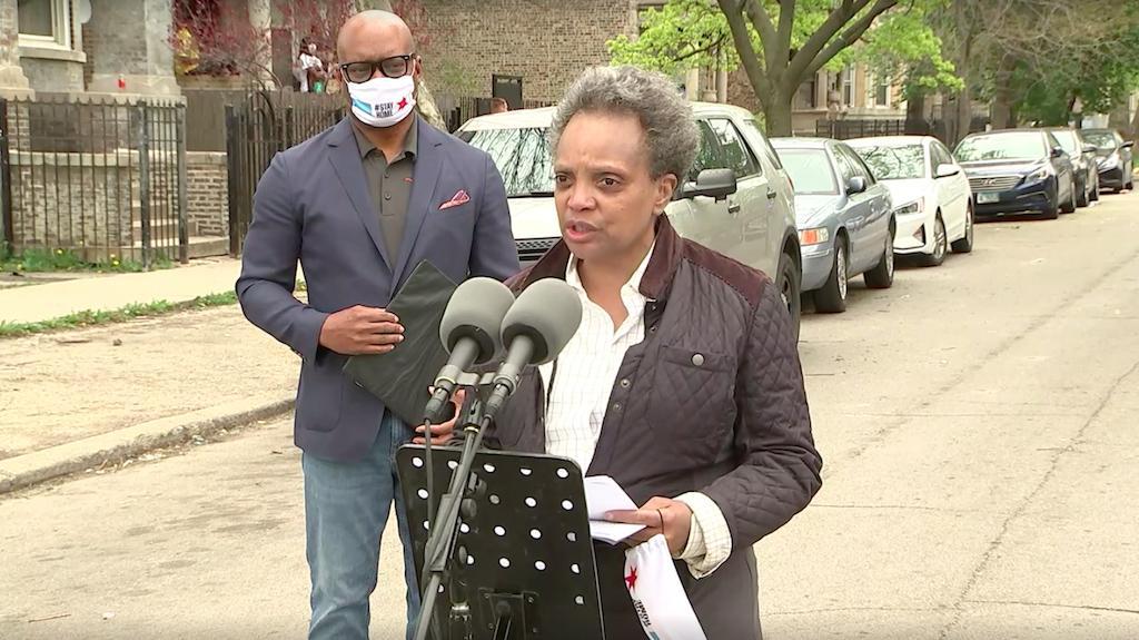 A screenshot from a May 2, 2020, news conference with Mayor Lori Lightfoot and Chicago Police Superintendent David Brown in the city’s West Garfield Park neighborhood after 49 people were shot over that holiday weekend. (Chicago Mayor’s Office)
