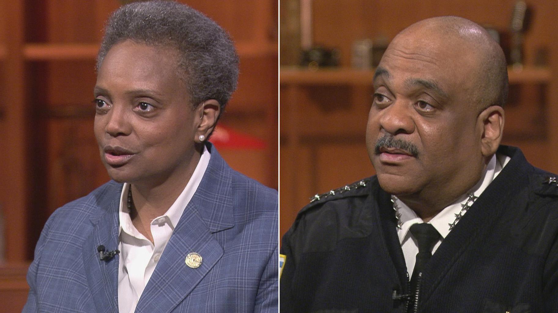 Mayor Lori Lightfoot and Chicago Police Superintendent Eddie Johnson on “Chicago Tonight” during separate appearances in 2019. (WTTW News)
