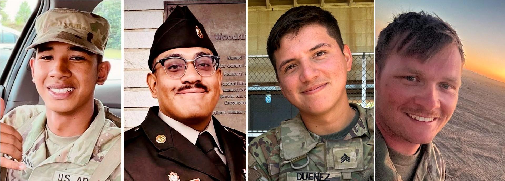 This combination of images shows from left, Army Pfc. Dante D. Taitano, 21, of Dededo, Guam, Army Sgt. Edvin F. Franco, 25, of Glendale, Calif., Army Sgt. Jose Duenez Jr., 25, of Joliet, Ill., and Army Staff Sgt. Troy S. Knutson-Collins, 28, of Battle Creek, Mich., who were killed in a training accident near Pabradė, Lithuania, in March 2025. (Department of Defense via AP)