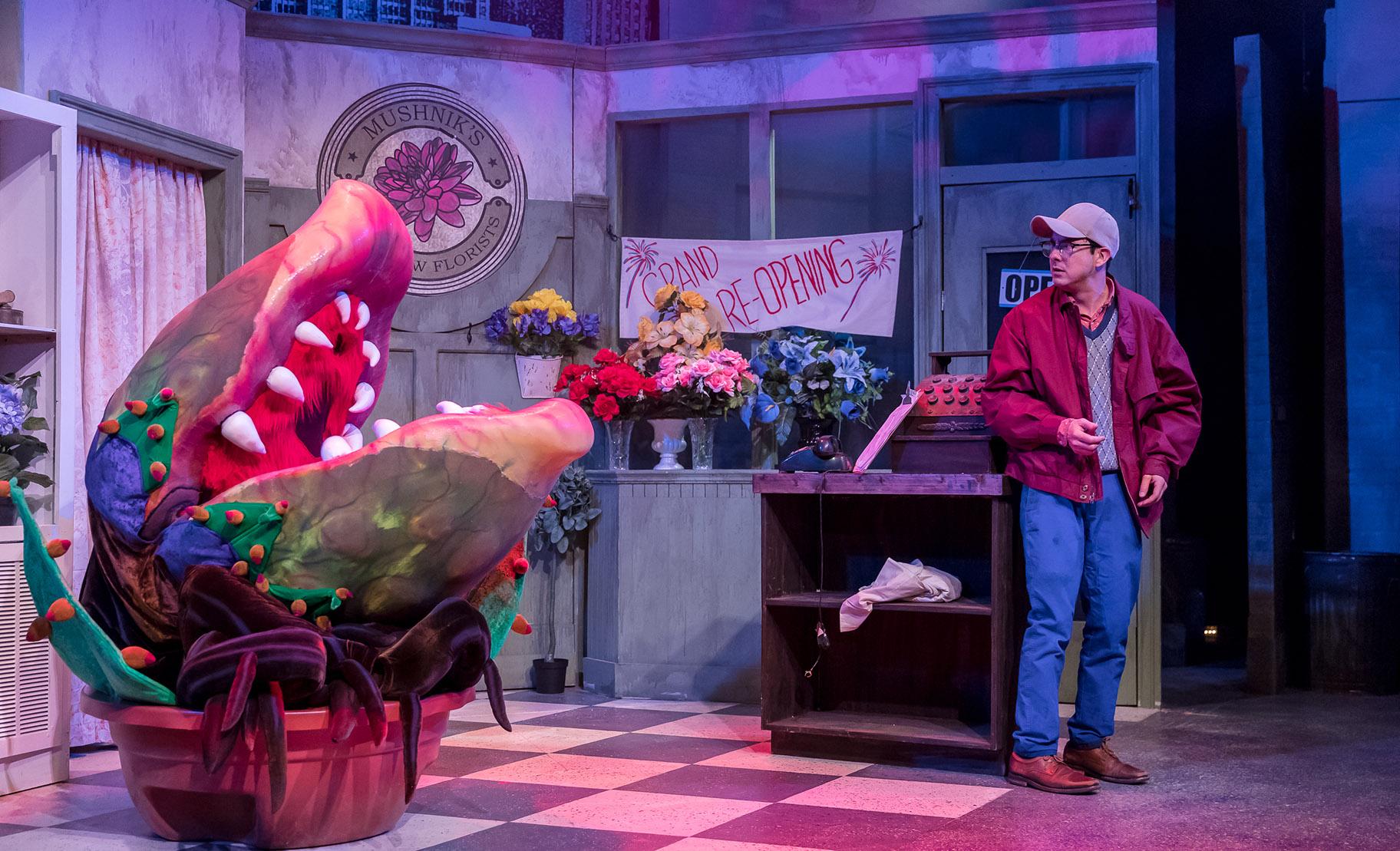 Sam Woods (puppet) and Christopher Kale Jones in “Little Shop of Horrors.” (Photo credit: Brett Beiner)