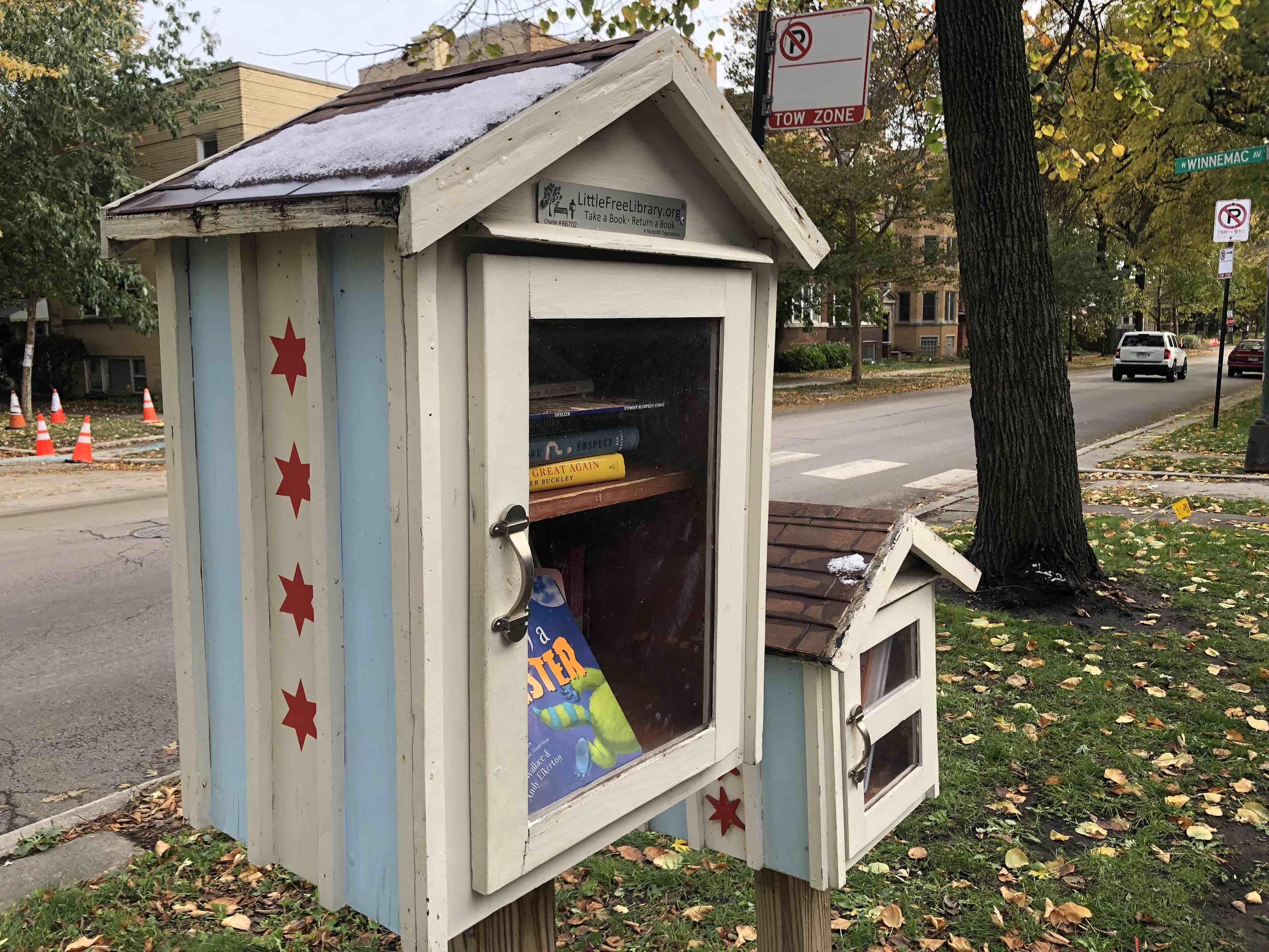 Little Free Library duo in Lincoln Square — one for adults and one for kids. (Patty Wetli / WTTW News)