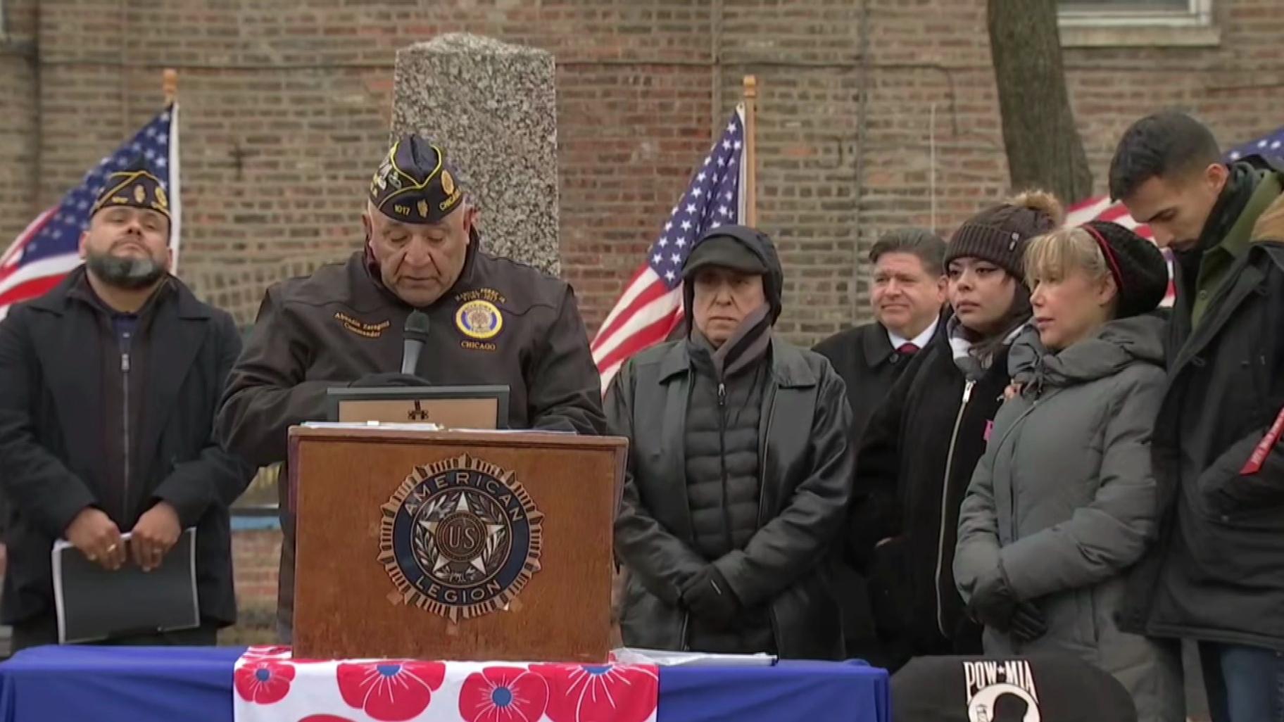 The family of Miguel Perez Jr. was presented with a certificate in honor of his military service during a Veterans Day ceremony in Little Village on Nov. 11, 2025. Perez Jr., who died last month, was a U.S. Army veteran and green card holder who was deported to Mexico, but later returned and received U.S. citizenship in 2019. (WTTW News)
