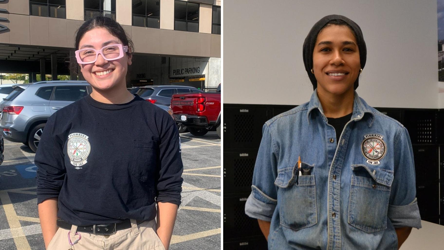 Juliet Silvestre, left, a first-year plumber apprentice, and Samantha Johnson, a third-year plumber apprentice. (Eunice Alpasan / WTTW News)