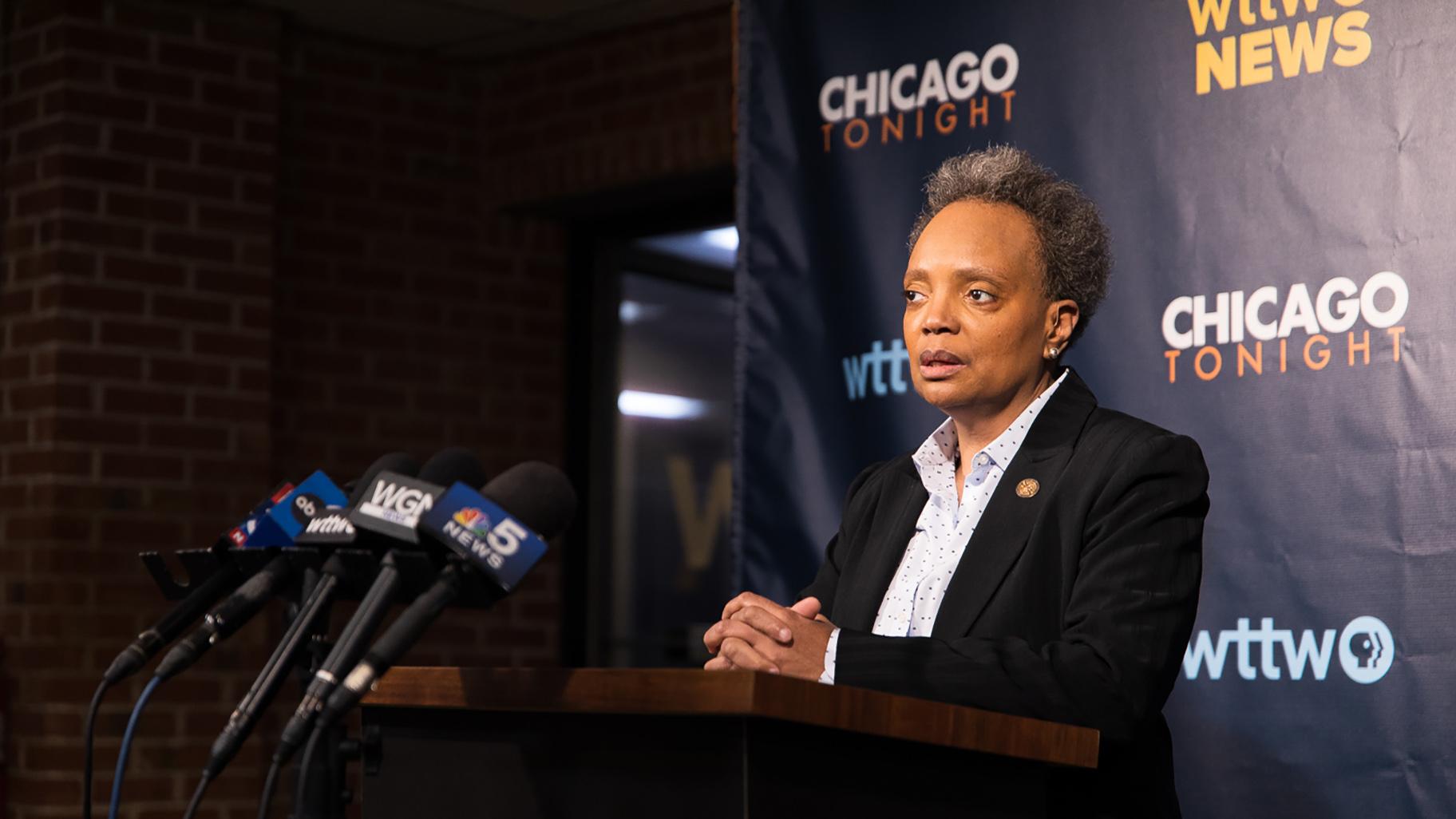 Mayor Lori Lightfoot, who is running for a second term as Chicago mayor, addressing a question from Medill School of Journalism students at a press conference after the WTTW News Mayoral Forum on Feb. 7, 2023. (Michael Izquierdo / WTTW News)