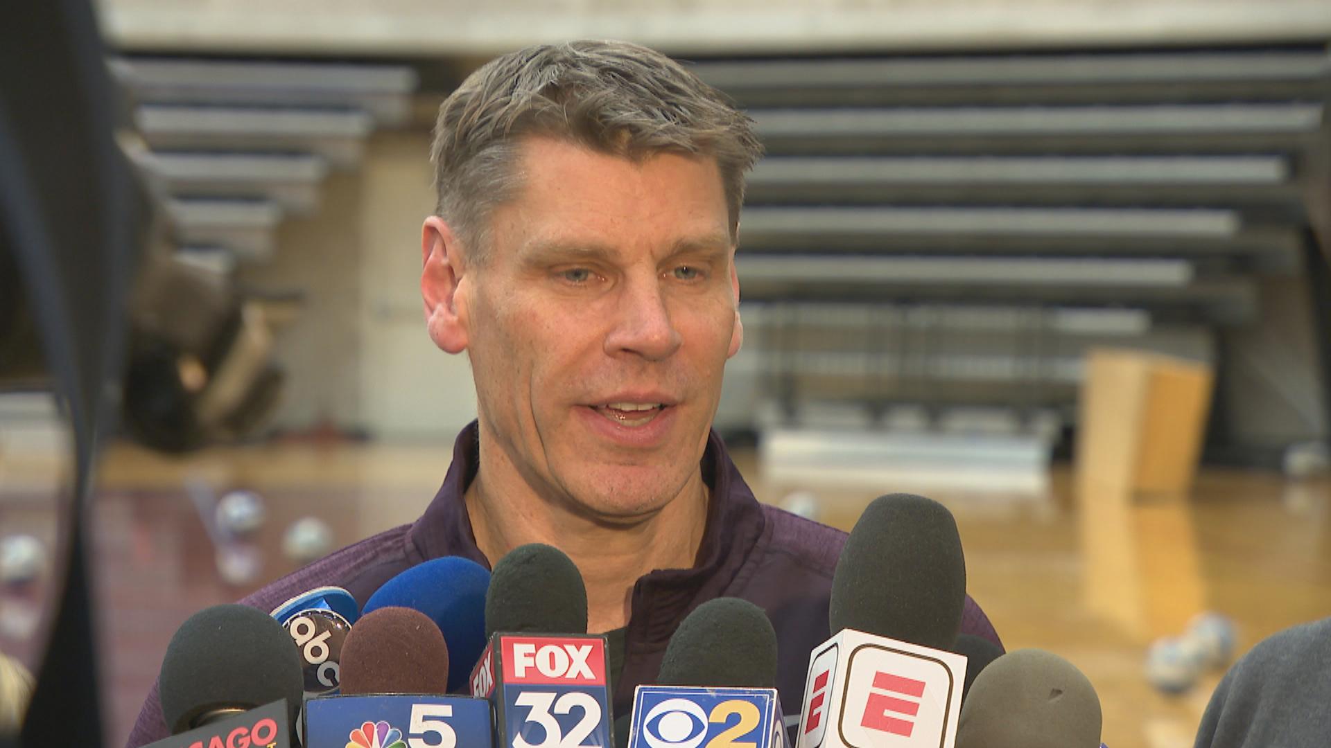Loyola University Chicago men’s basketball coach Porter Moser speaks to the press March 19, 2018. (Chicago Tonight)